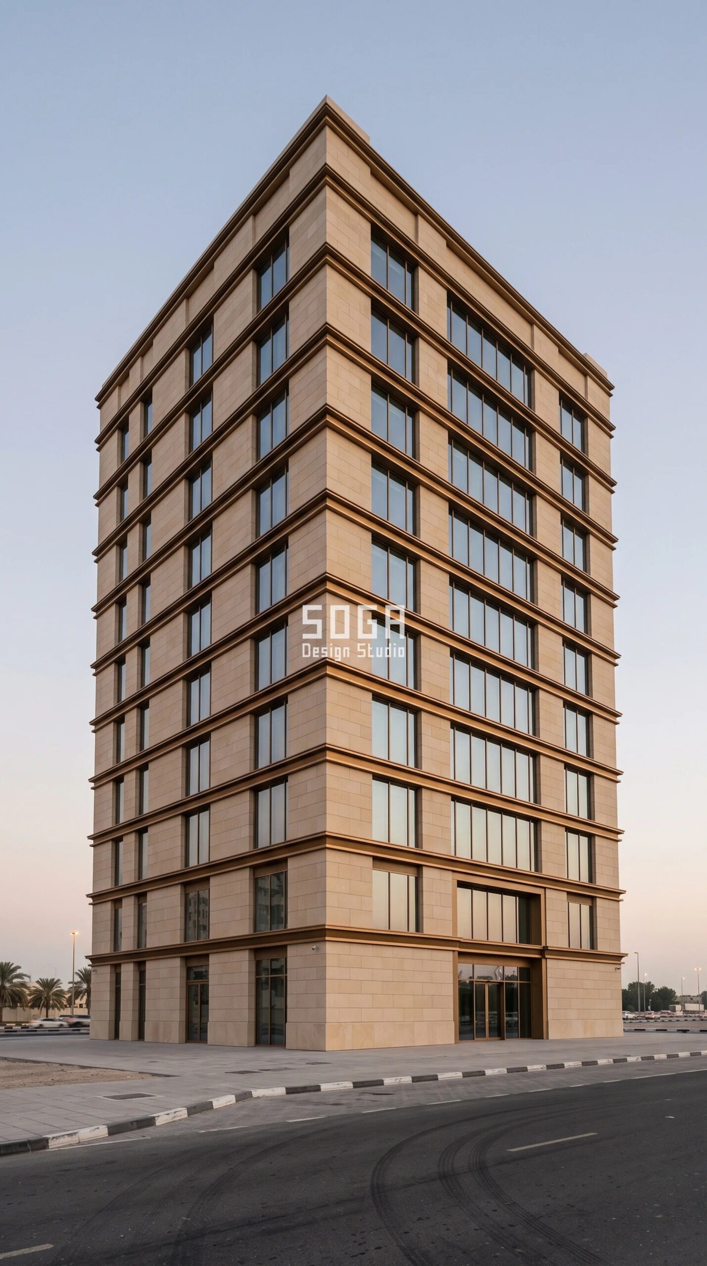 Parametric Strata Lip Rank commercial facade in Abu Dhabi - honed desert-buff limestone courses and bronze-anodised glazing bands on a G+12 corporate headquarters, course height stepping 300 to 700 mm with a constant 90 mm lip - SOGA Design Studio