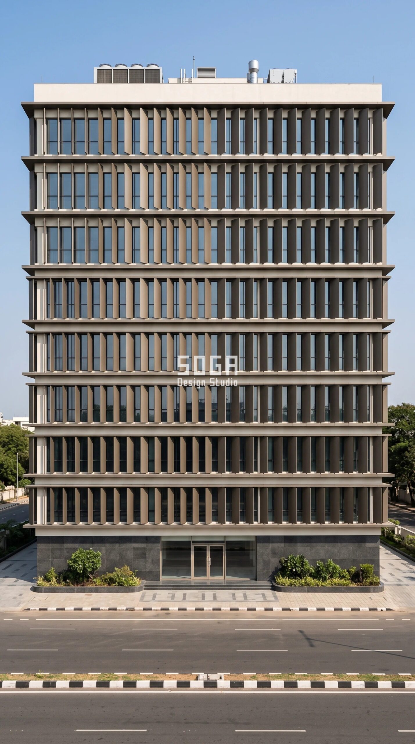 Parametric Quill Fin Rank commercial facade in Chennai - bronze-graphite powder-coated metal fins at a fixed 300 mm pitch on a G+8 Grade-A office, set angle stepping 0 to 34 degrees across the elevation - SOGA Design Studio