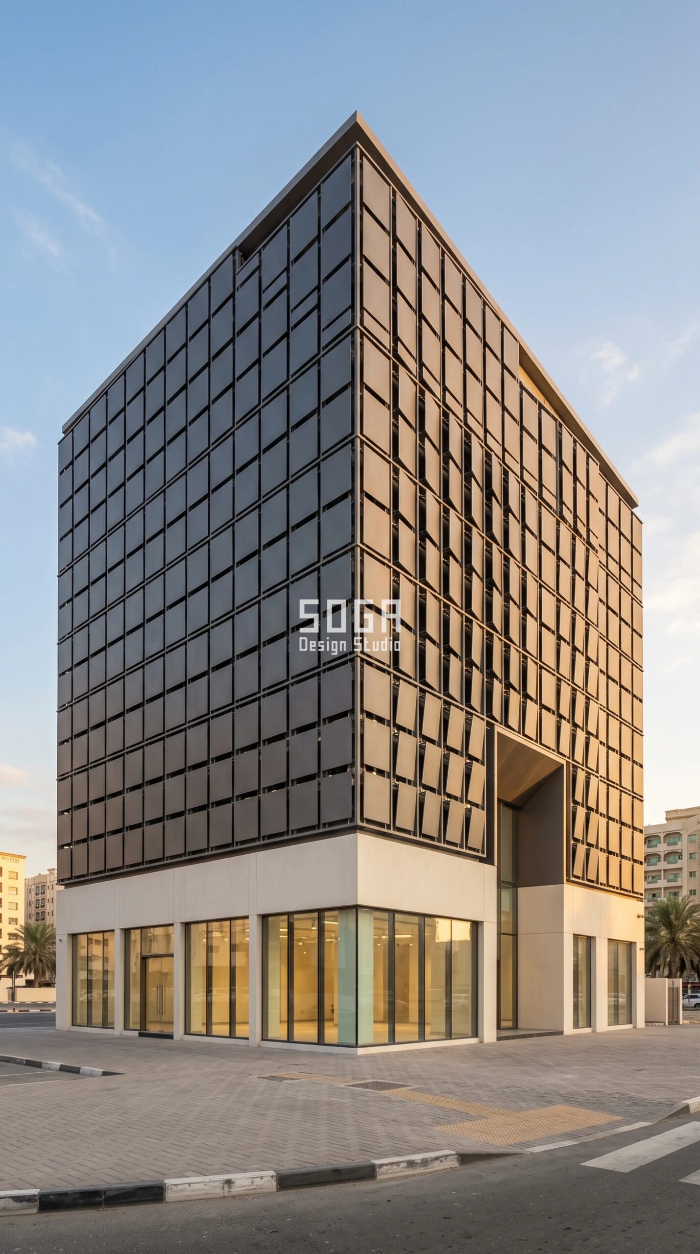Parametric Pivot-Plate Screen graphite aluminium commercial facade Sharjah UAE - SOGA Design Studio