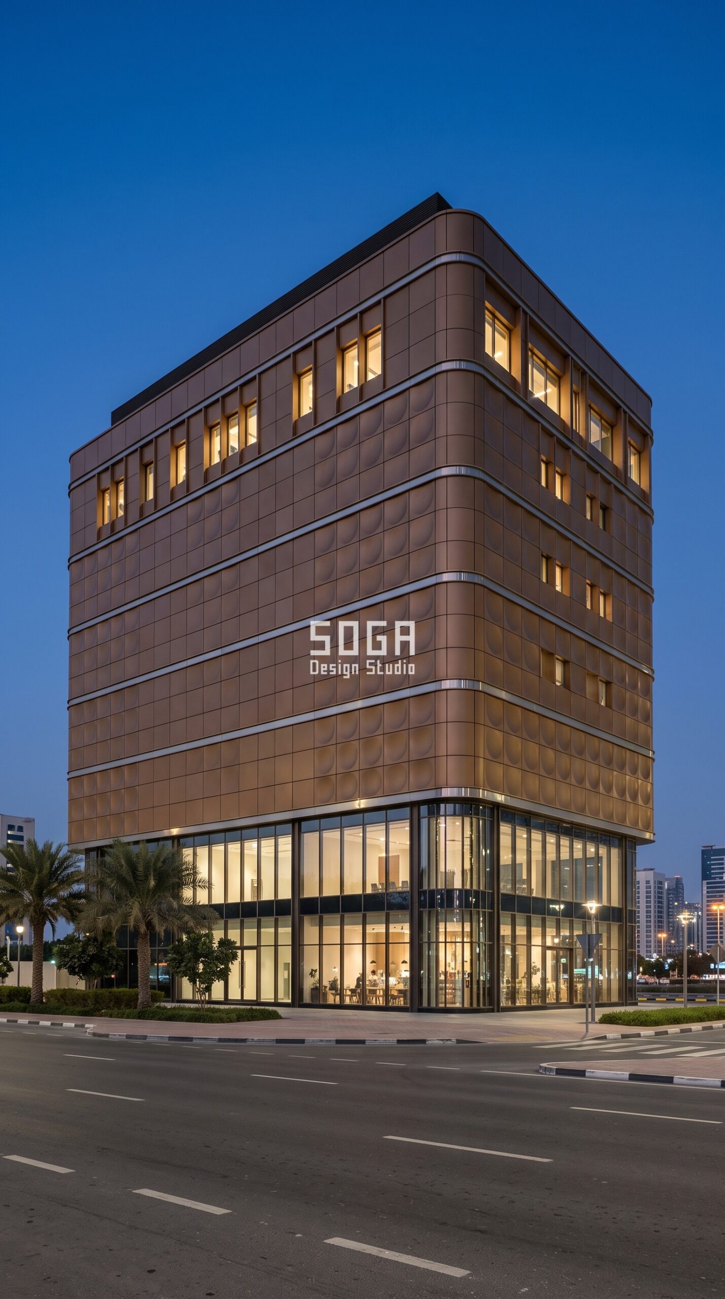 Parametric Scallop Grid sand-bronze aluminium commercial facade Sharjah - SOGA Design Studio