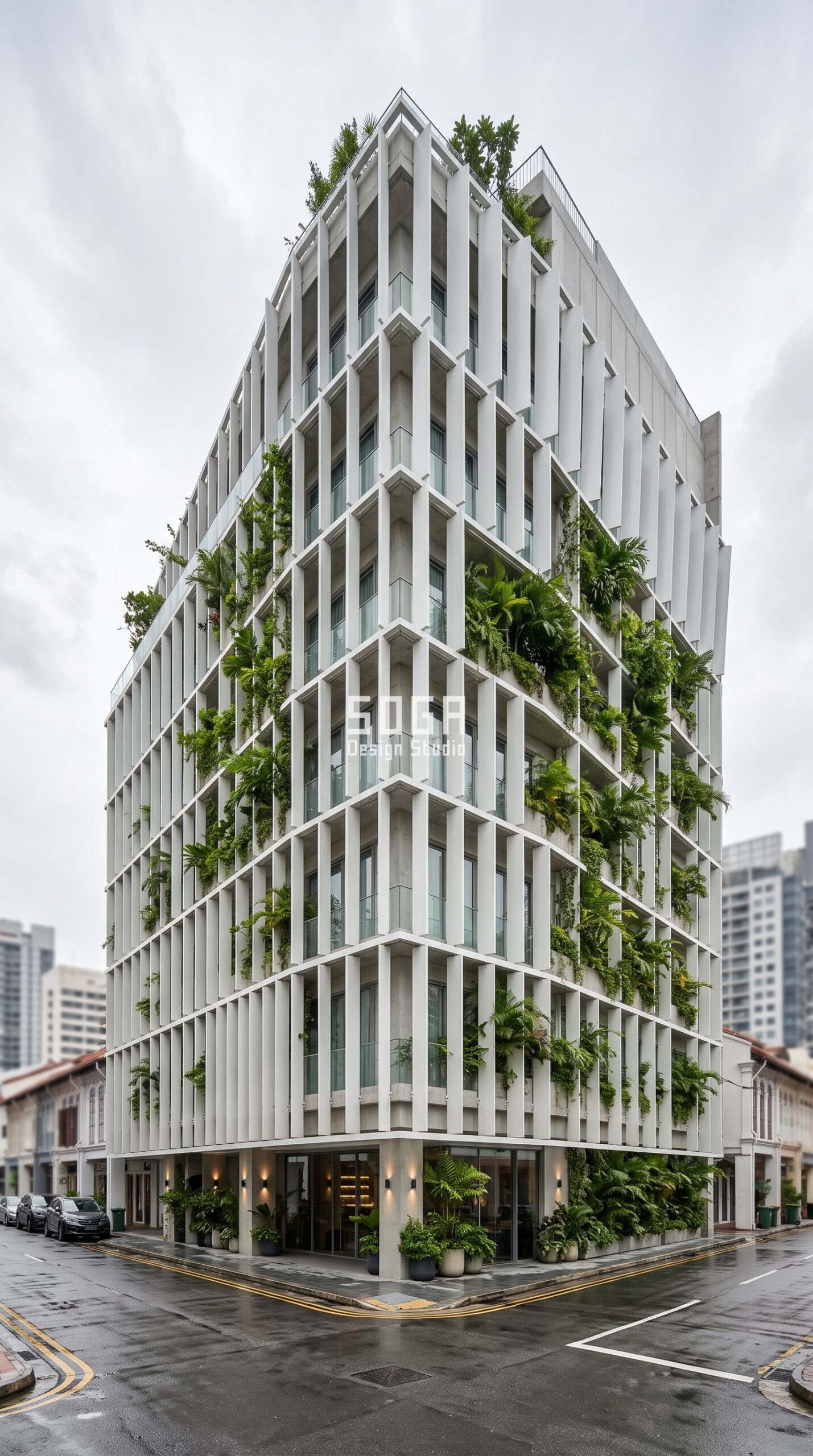 Parametric Awning Blade pearl-white aluminium commercial facade Singapore - SOGA Design Studio