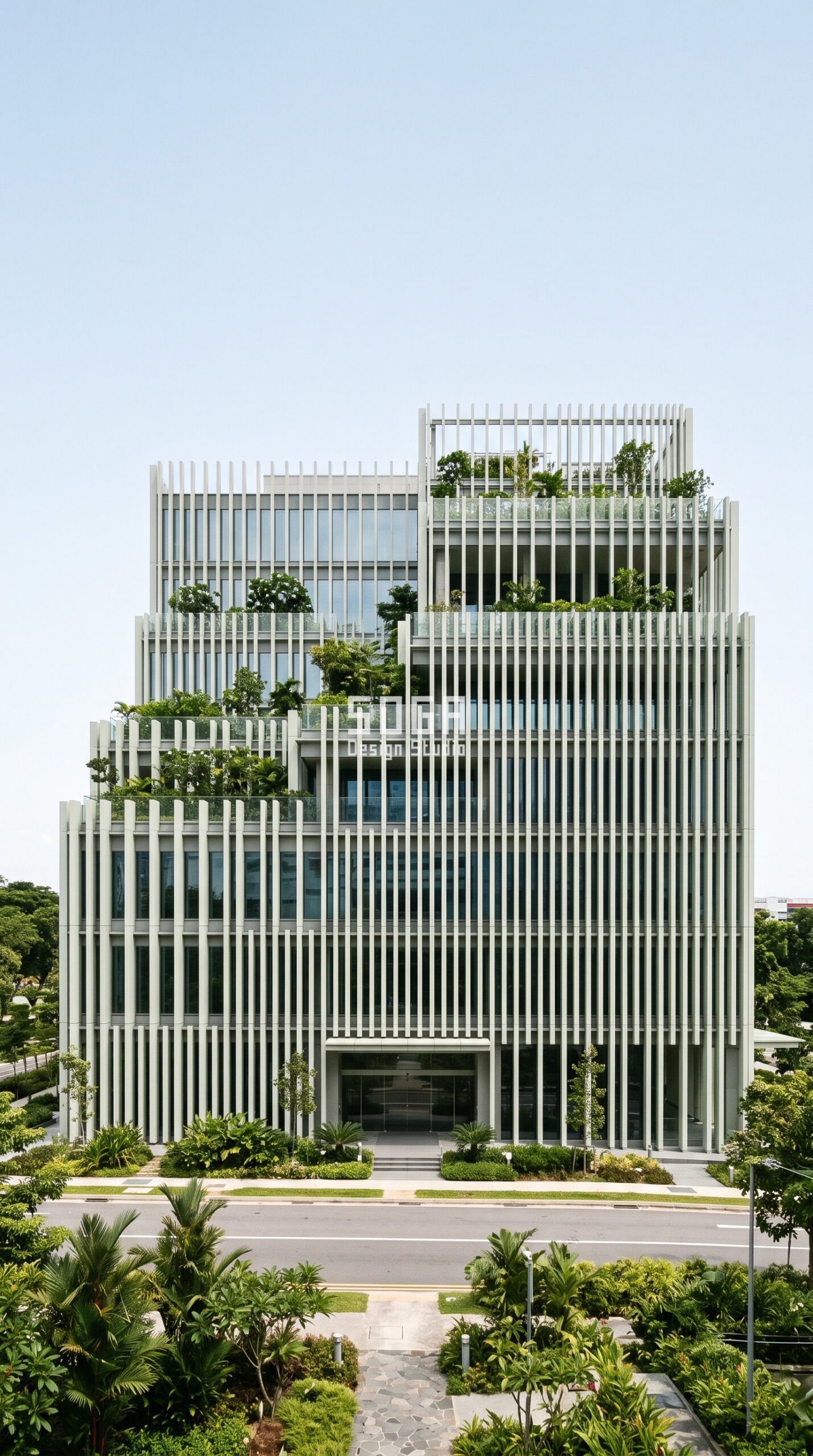 Unitised vs Stick Facade: India, Dubai & Singapore 2026 3 Parametric Rain Fin Cascade powder-coated aluminium commercial facade Singapore - SOGA Design Studio