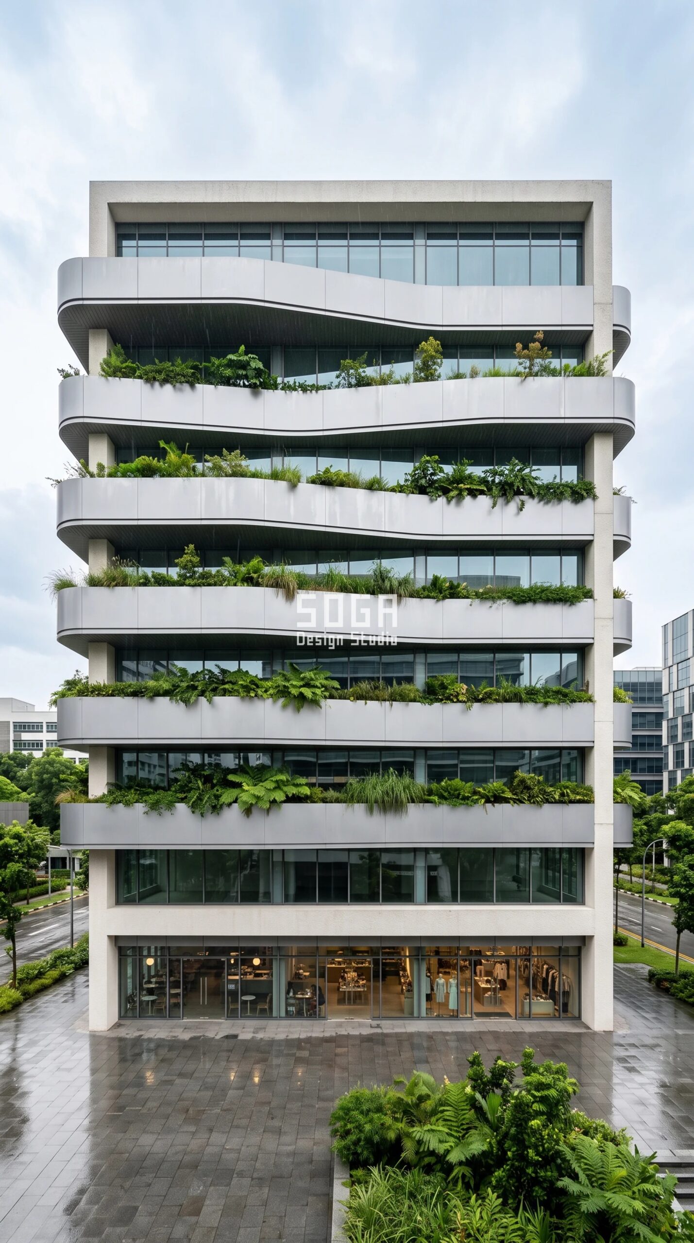 Parametric Drip-Band Ledge Array anodised aluminium commercial facade Singapore - SOGA Design Studio