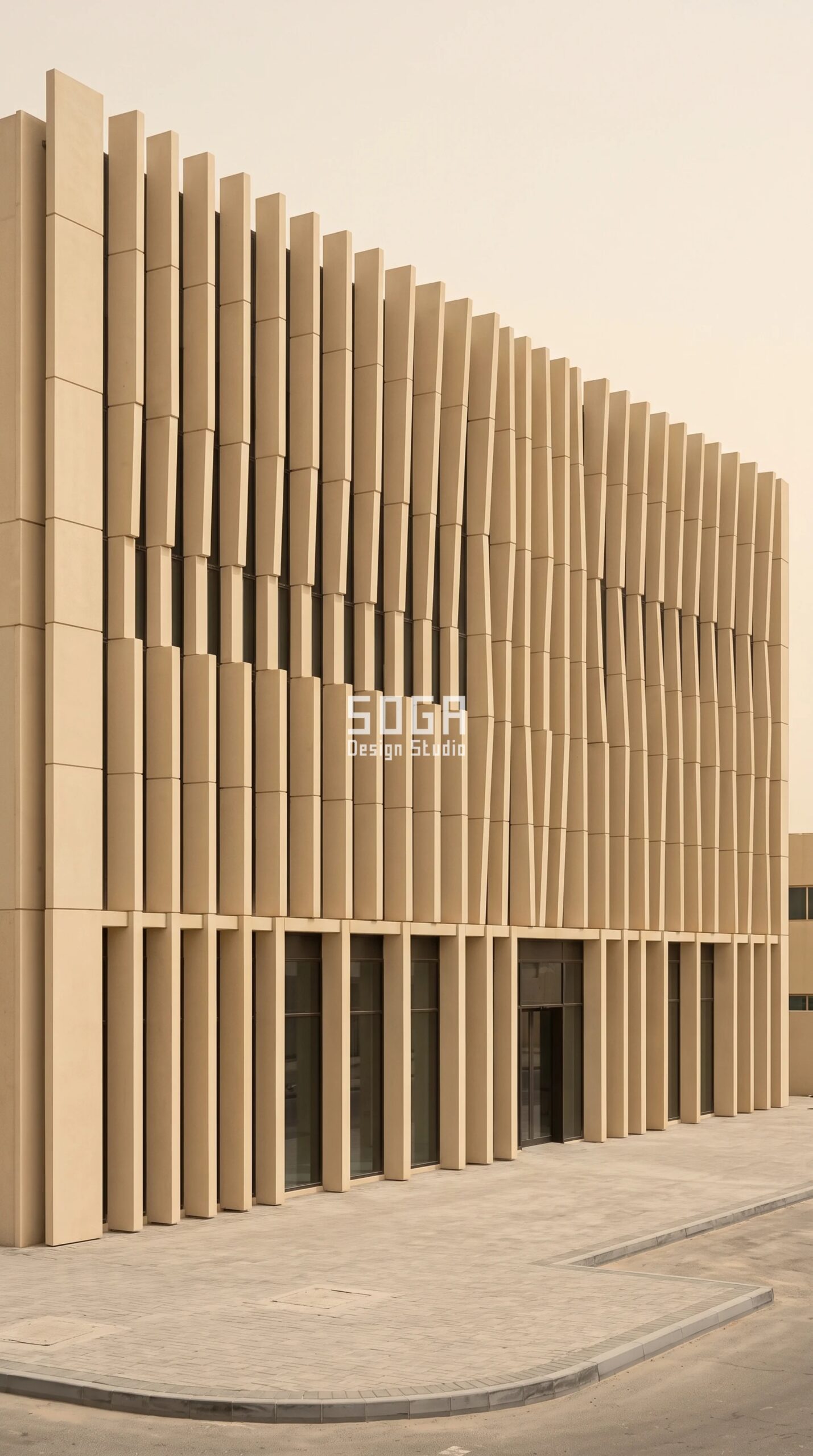 Commercial Facade Tender BOQ 2026: India, UAE, Singapore 2 Facade BOQ interface items missing - Parametric Movement Pilaster Rank limestone-buff GRC movement-joint pilasters on a G+3 Dubai flagship showroom by SOGA Design Studio
