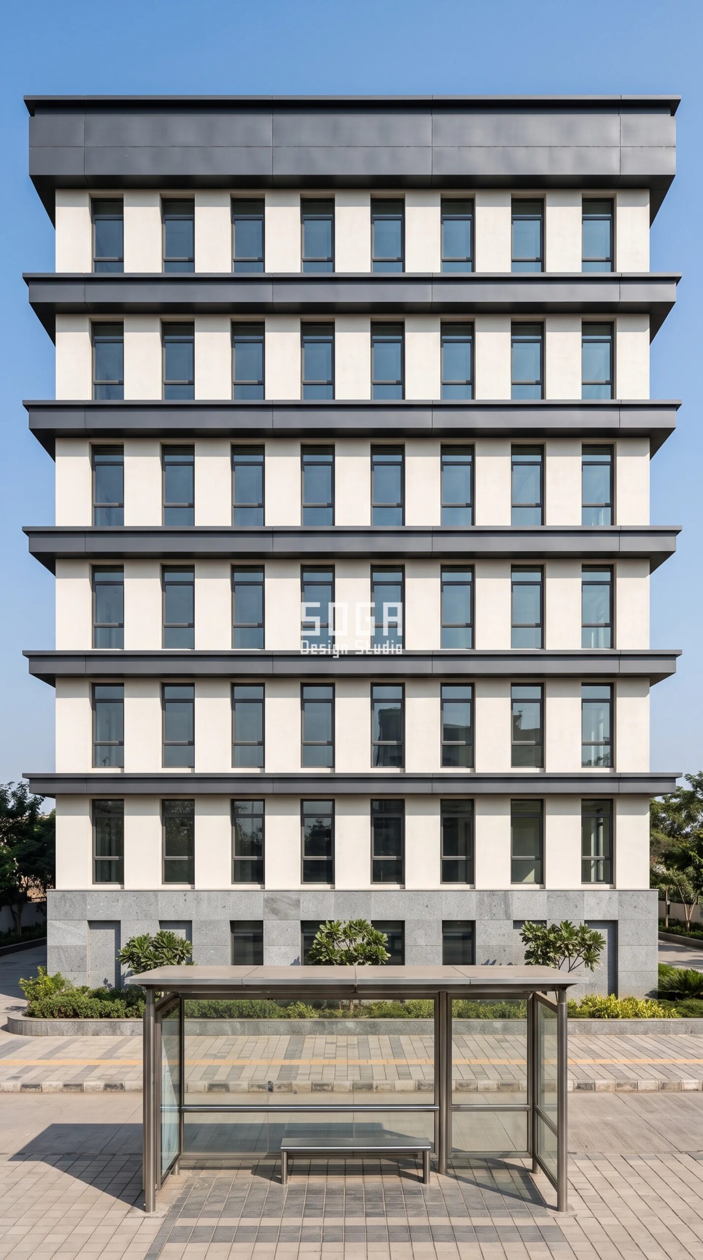 Commercial Facade Tender BOQ 2026: India, UAE, Singapore 1 Commercial facade tender BOQ - Parametric Crown Step Cornice graphite pressed-metal cornice band on a G+6 Pune corporate headquarters by SOGA Design Studio