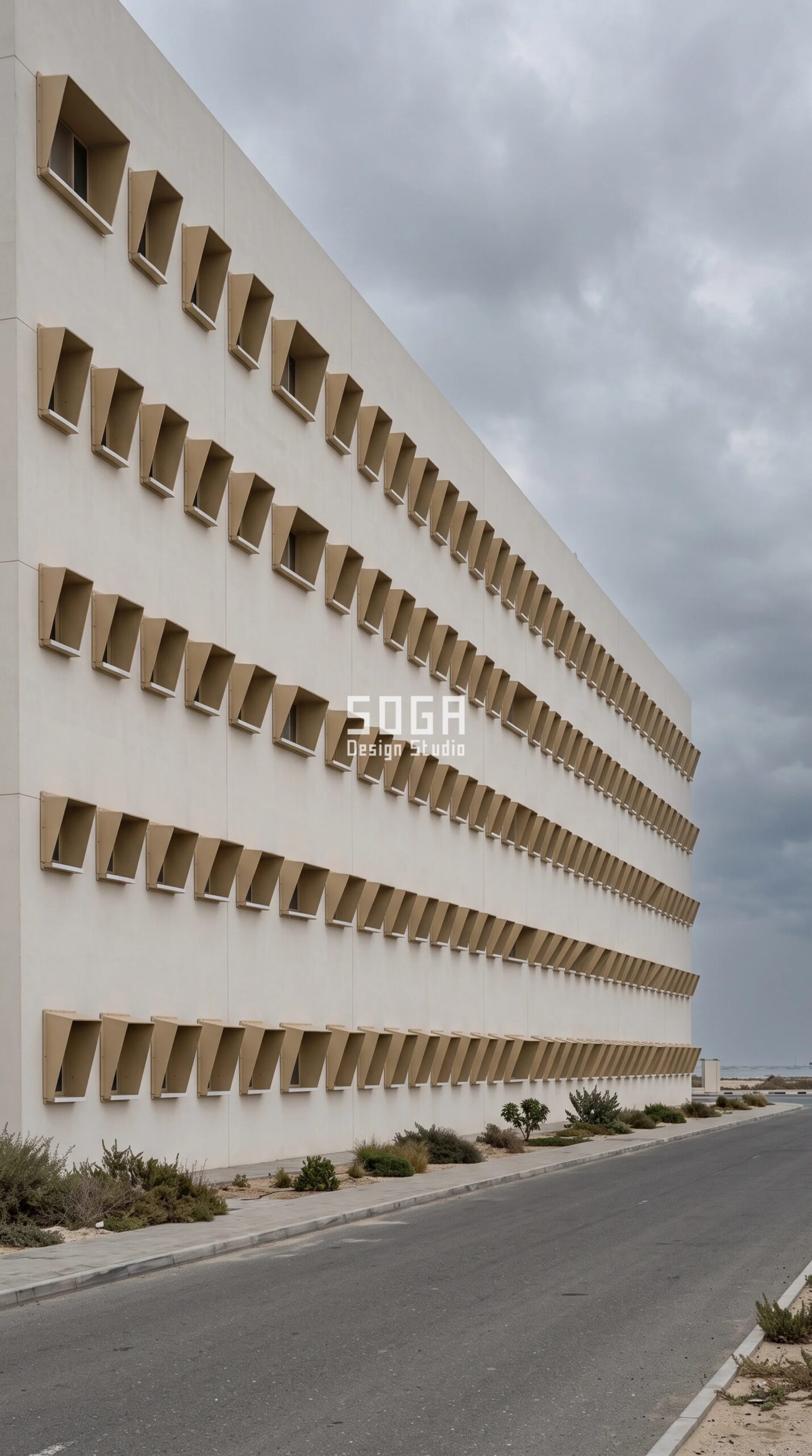 Commercial Facade Tender BOQ 2026: India, UAE, Singapore 4 Facade specification Ras Al Khaimah - Parametric Sleeve-Collar Hood Rank sand-beige cast-metal penetration hoods on a G+5 Ras Al Khaimah medical centre by SOGA Design Studio