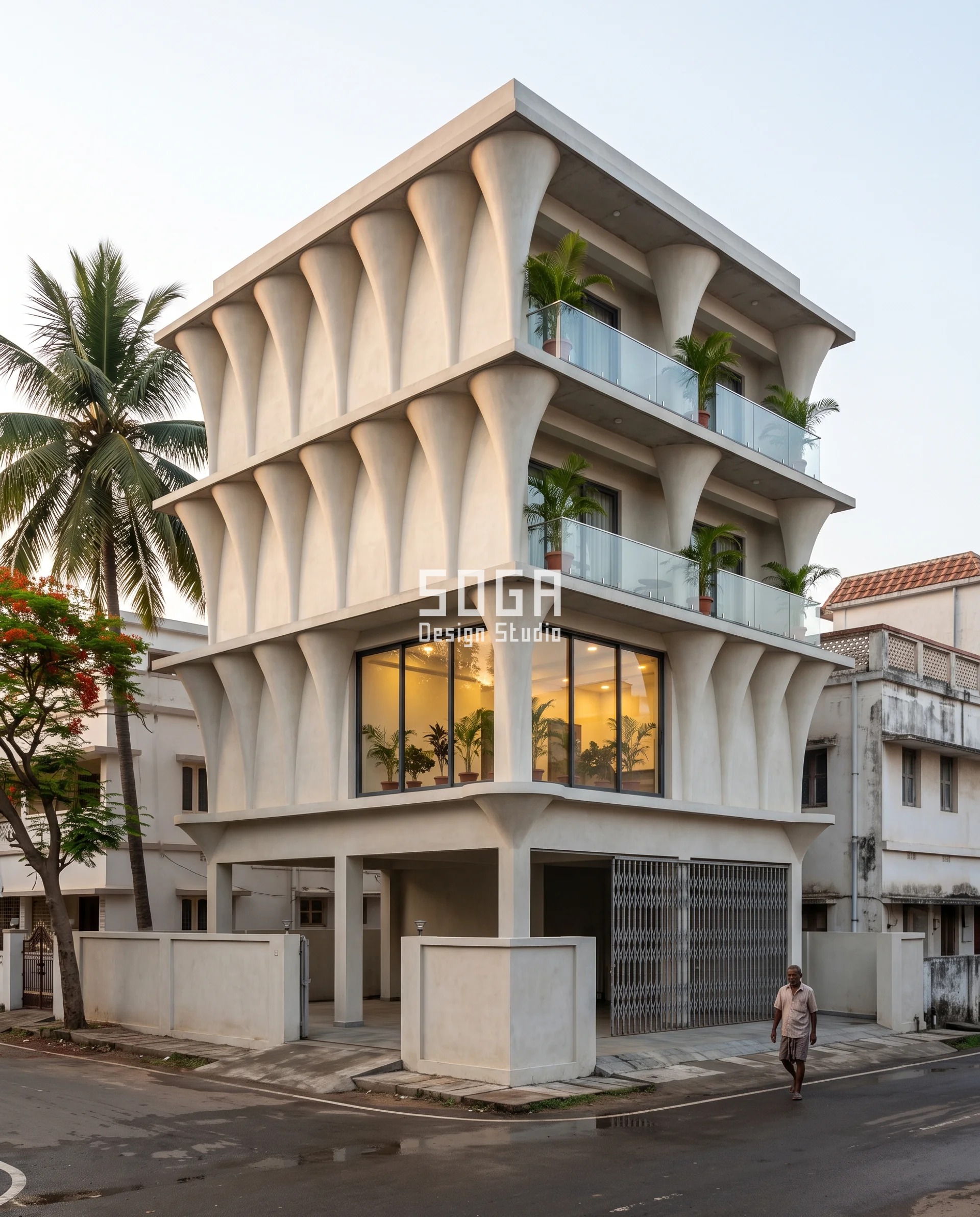Developable vs Double Curvature Facade India: Fix the Sign 2 Three-quarter corner view of a G+3 Cuttack clinic and apartment building where every bone-white ferrocement facade band is resolved into tapering cone flares, the straight rulings running from each round mouth back to the wall so the surface still unrolls flat despite the flare.