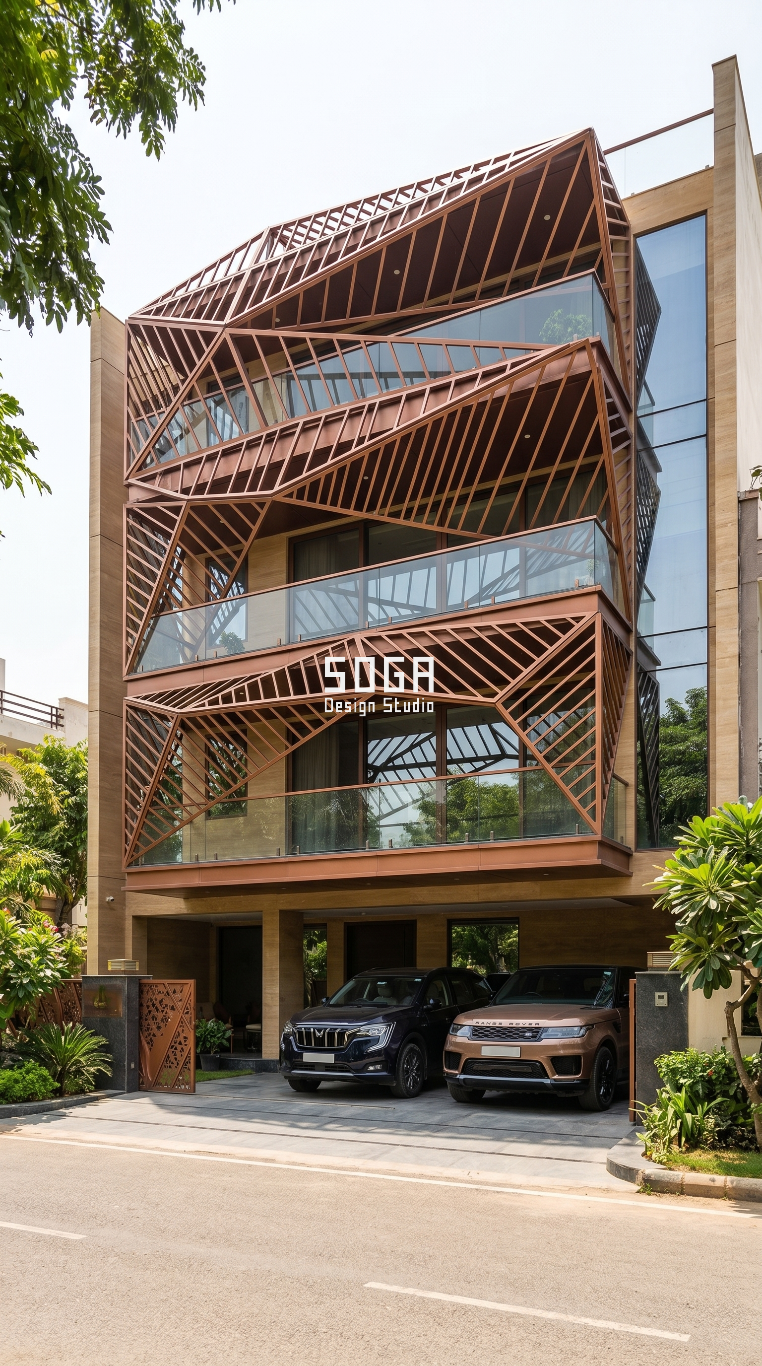 Metal Facade Design Ideas: 6 Built Indian Homes 2026 5 Copper-tone angular diagonal shading framework standing clear of the glass line - SOGA Design Studio