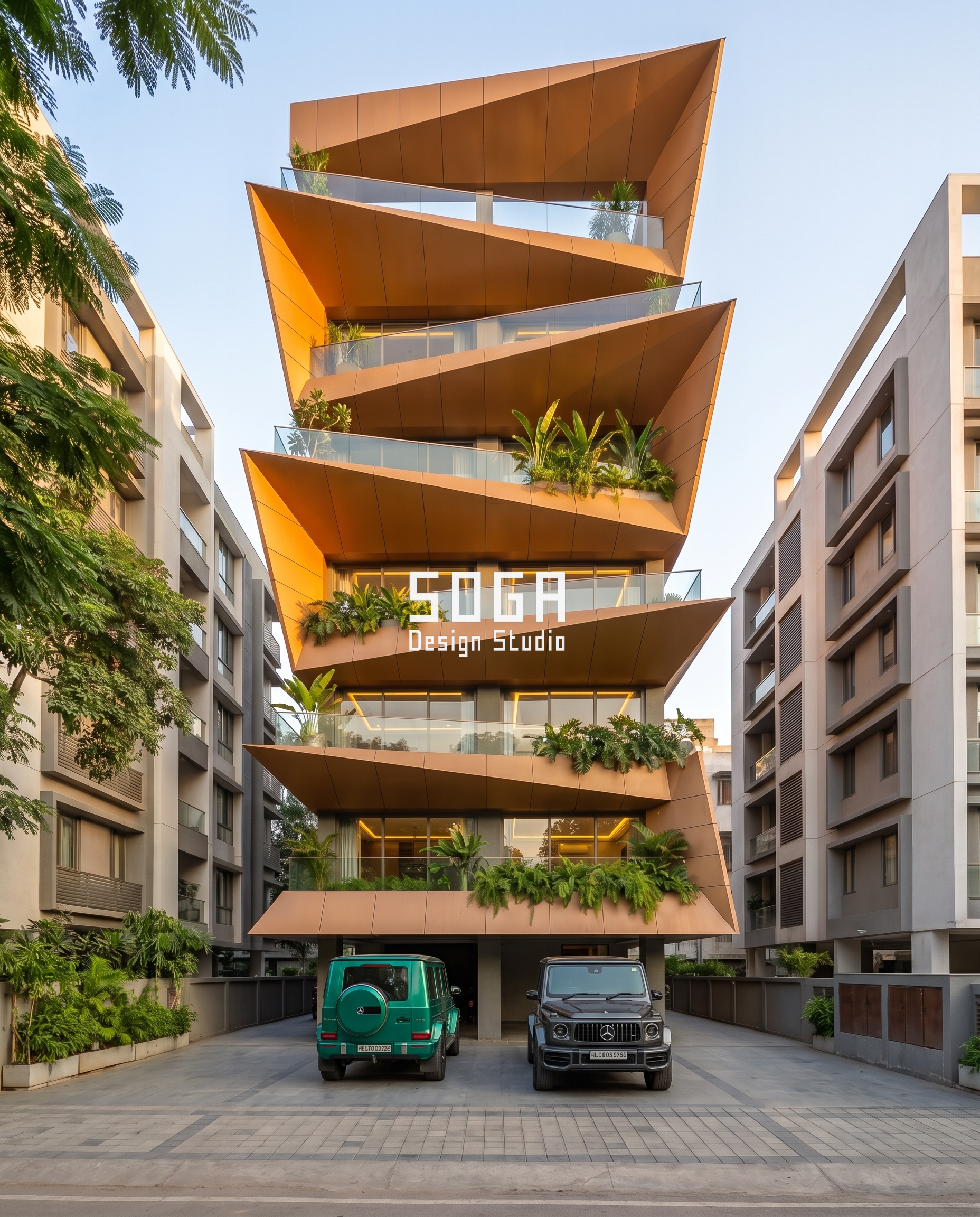Balcony Facade Design India 2026: Ideas, Cost & Details 2 Copper-tone folded plate balcony facade stacked on a shifting alignment - SOGA Design Studio