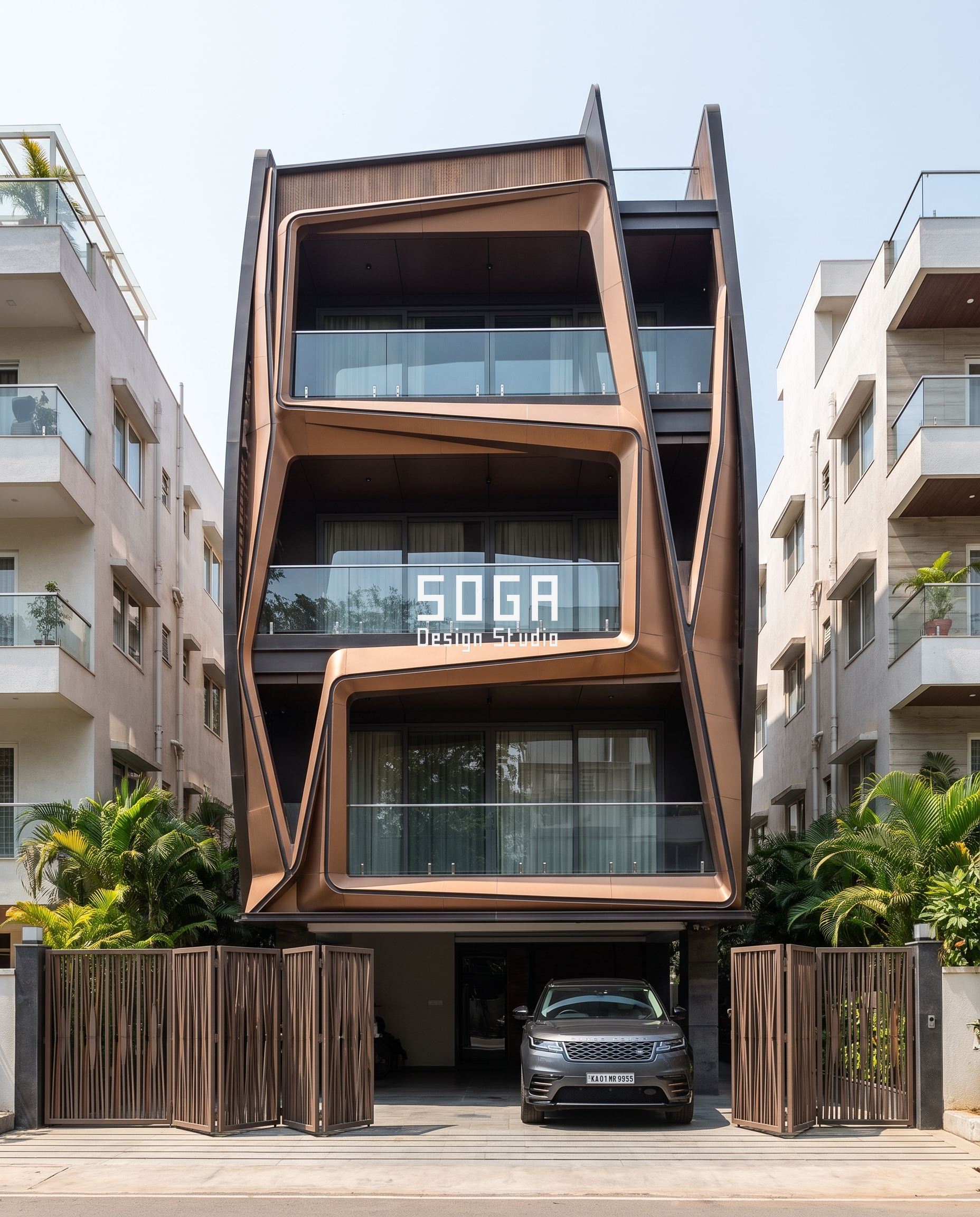 Metal Facade Design Ideas: 6 Built Indian Homes 2026 2 Copper-tone folded ribbon facade lifted clear of the plinth on a narrow-plot G+3 house - SOGA Design Studio