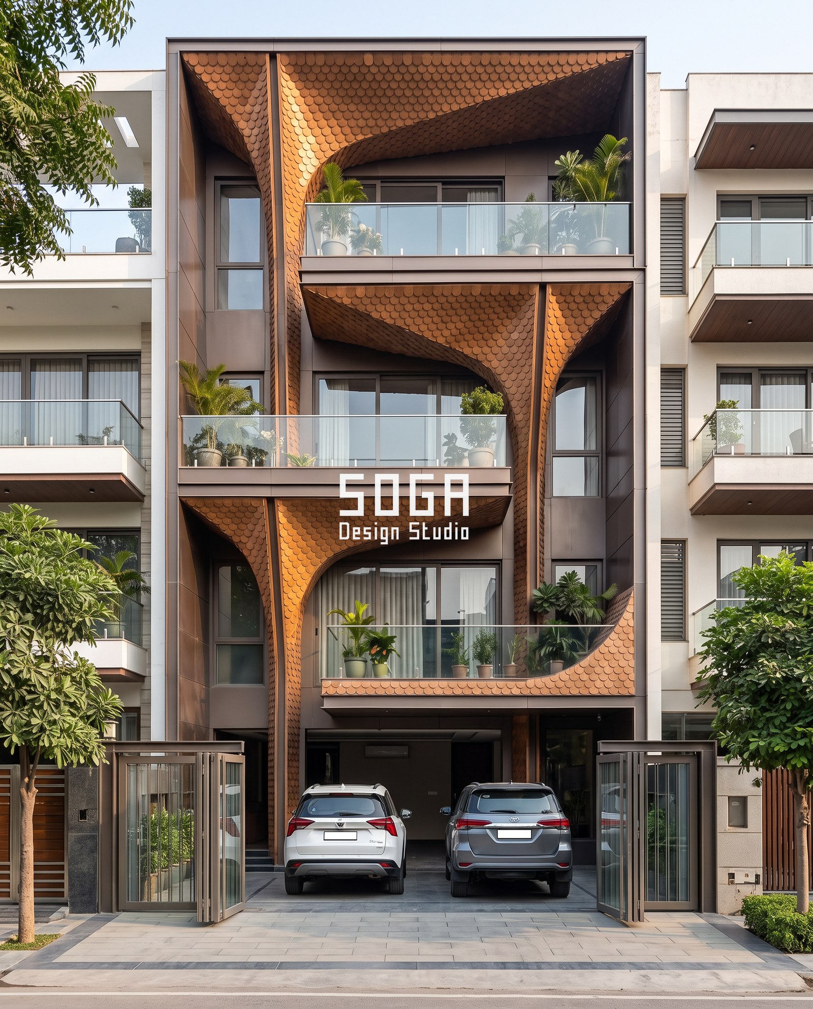 Copper shingle flowing facade with overlapping flat tiles forming a curve - built residence in India - SOGA Design Studio