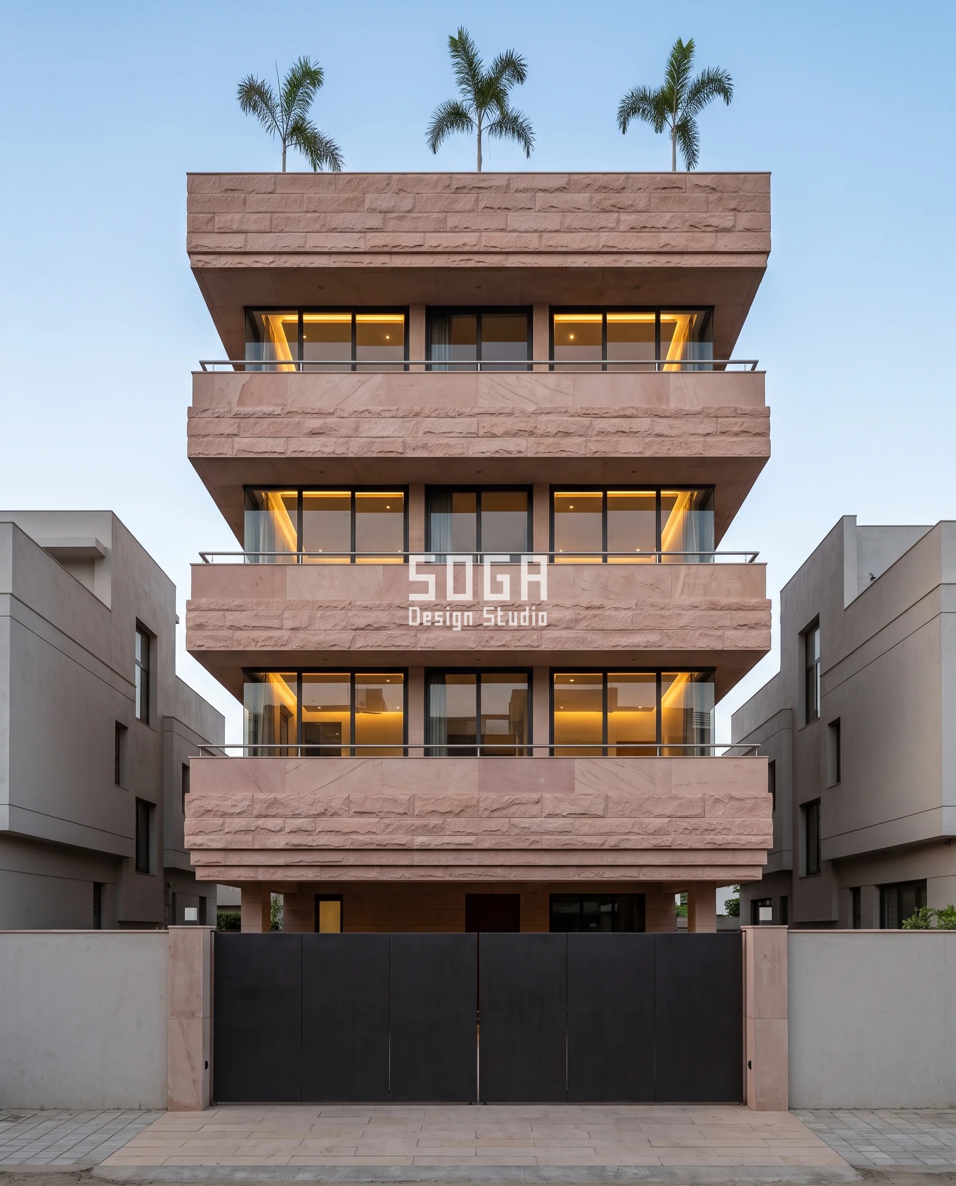 Dholpur pink-buff split-face sandstone courses corbelling out over a Bhavnagar forecourt, each dead-level course sliding further over the one beneath until the stack hangs half a metre proud against the sky - facade projection in front setback India margins spent a course at a time.