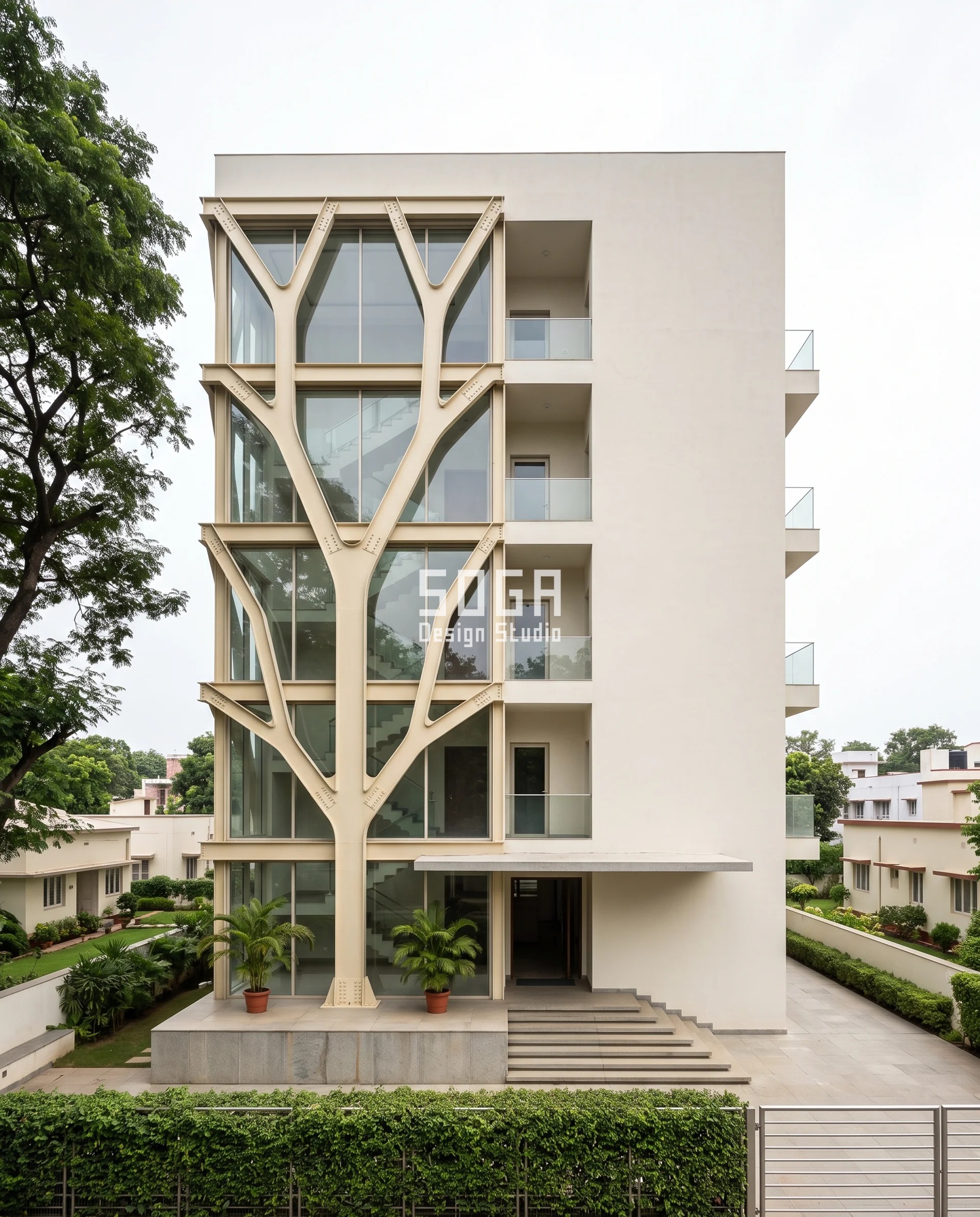 A warm ivory laser-cut steel branch frame standing clear of the full-height glass bay on a Jamshedpur house, its coved crotches scooped open so nothing can nest - structure doing the work of a pigeon proof balcony without net.