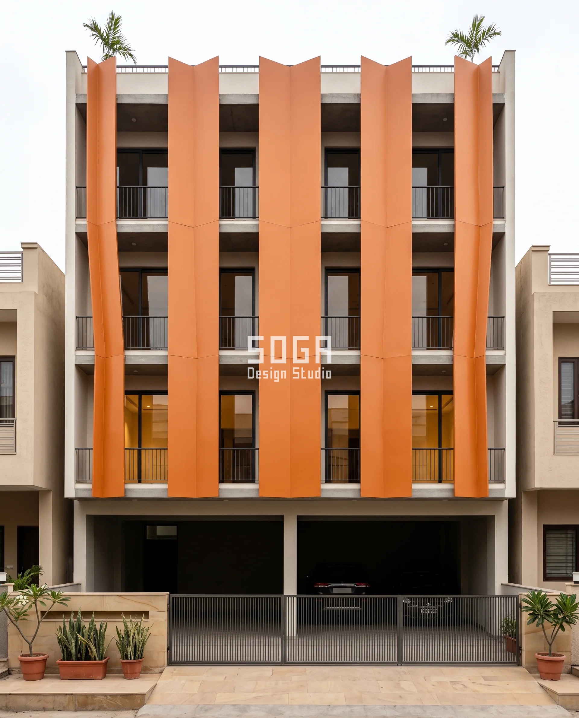 Facade Screen Without Making the Room Dark: India Numbers 2 Marmalade-orange folded plate screen on a four-storey Bhilwara home, the bend line shifting from the left edge through dead centre to the right edge - an Indian facade screen without making the room dark.