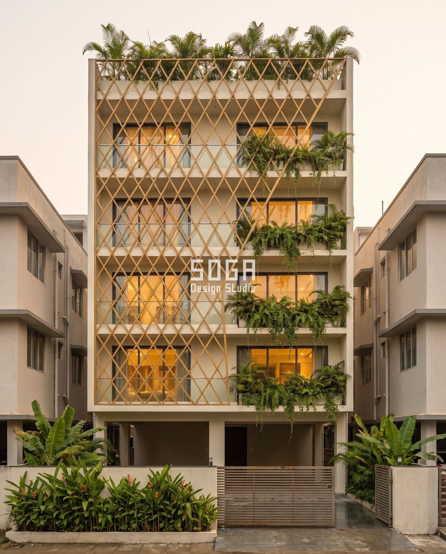 Elevation Panels Making Noise In Wind India: Detune It 5 Gold-ochre powder-coated flat-bar diamond lattice standing clear of the wall on a G+4 residence in Ambicapatty, Silchar, the crossing standoff giving each diagonal room to move so the node ticks thermally instead of staying silent under restraint.