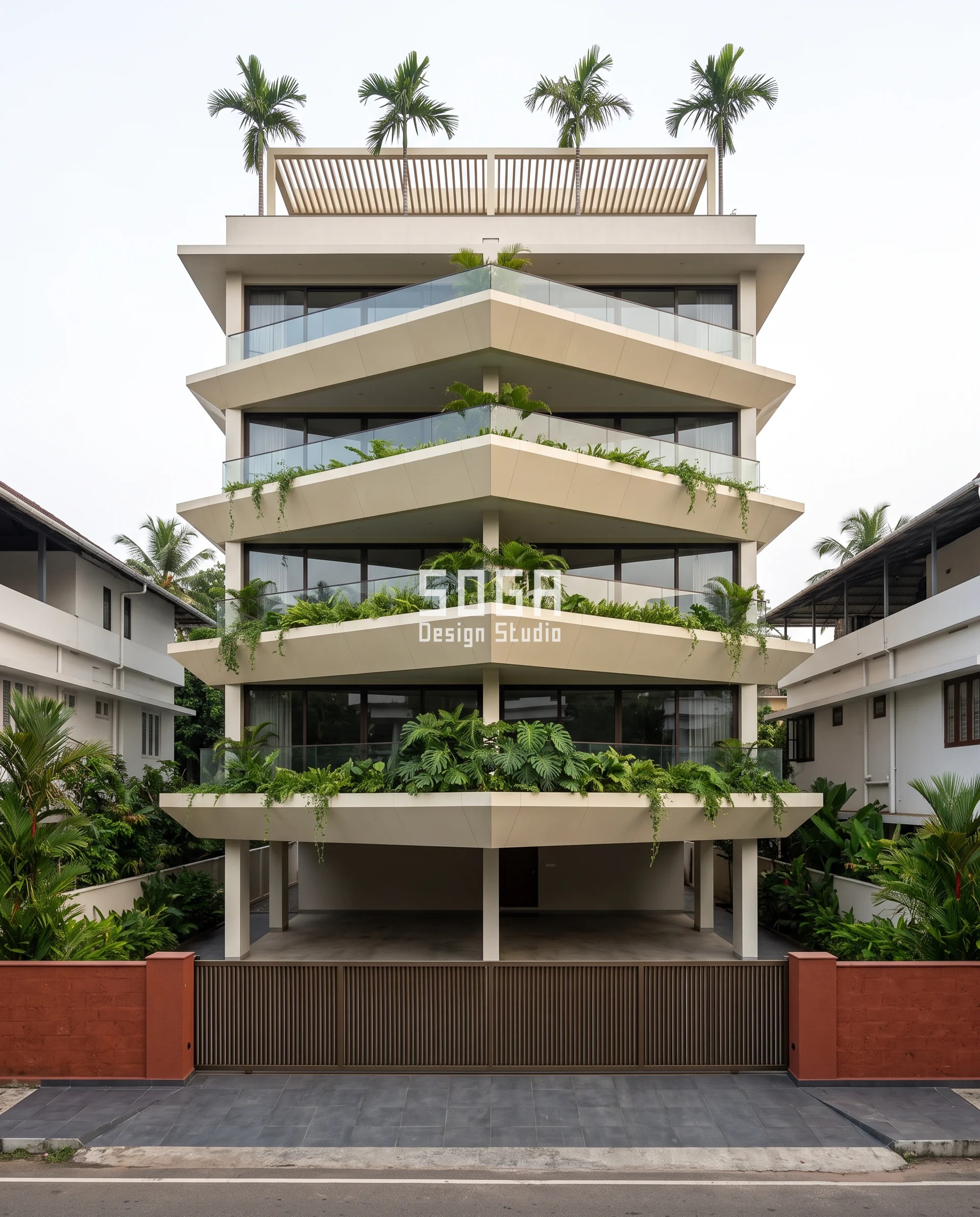 Cross Ventilation Narrow Plot India: Aim the One Face 3 Five faceted V-shaped GRP prows stacked on one centre line at Kollam, each balcony reaching further towards the street as the building comes down so the lower floors can find cross ventilation below the street canyon's skimming flow