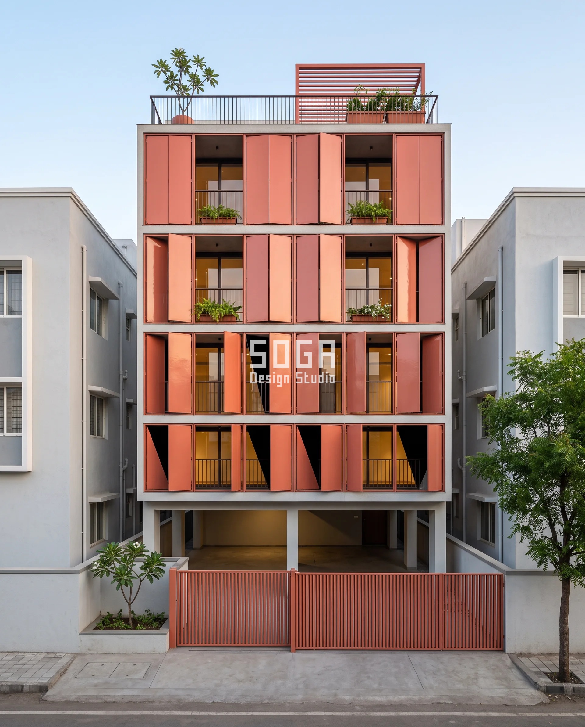 Cross Ventilation Narrow Plot India: Aim the One Face 2 Coral enamelled steel plates hinged on one vertical edge and swung progressively further open down a 6.6 m narrow plot frontage in Sangli, each open plate scooping a morning easterly into the rooms behind