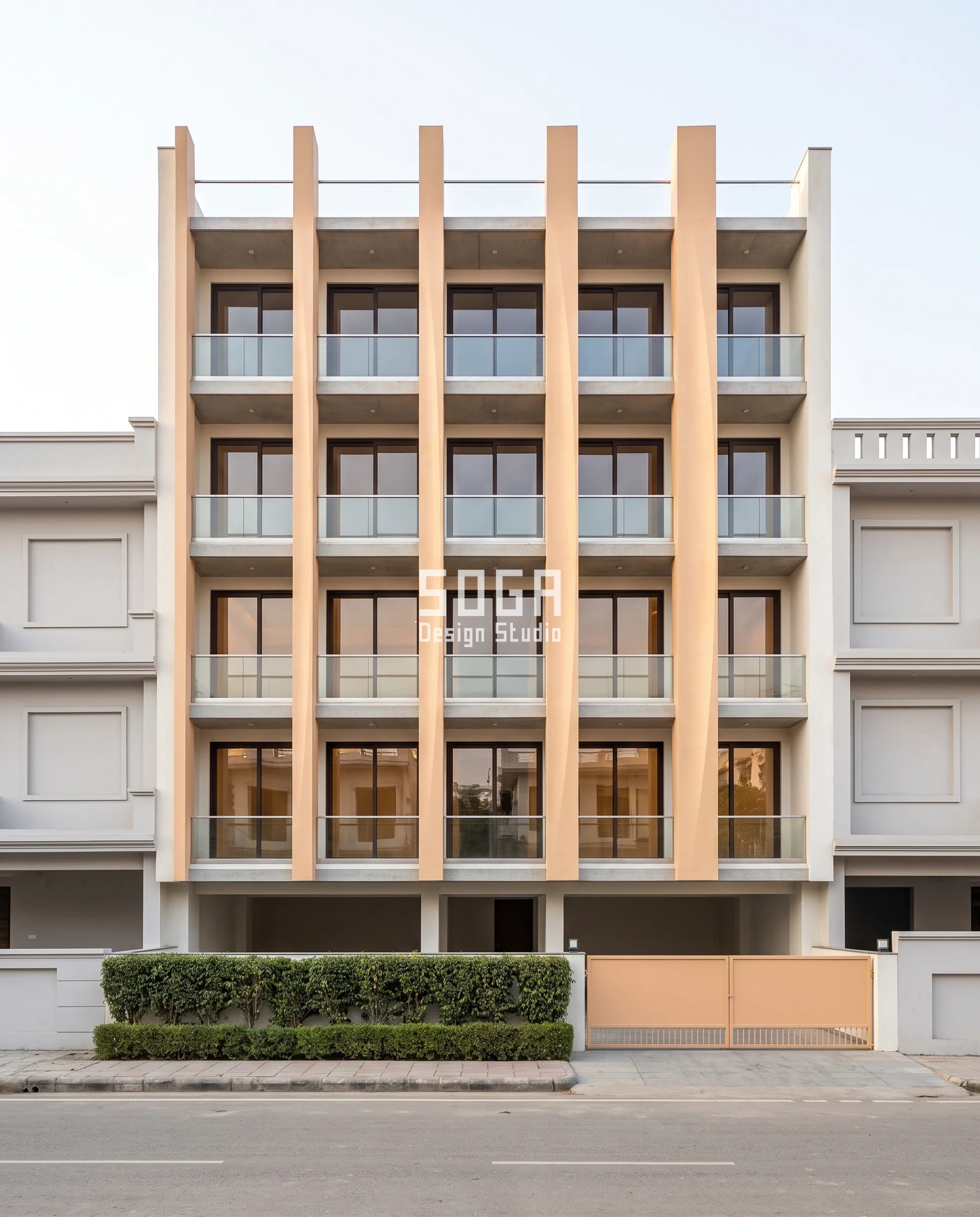 Five apricot UHPC crown piers standing between the glazing of a Saharanpur residence, each swelling shell carrying a broader soft highlight than the last - a graded pier face reduces sun glare at a living room window in India by softening the bright step beside the glass