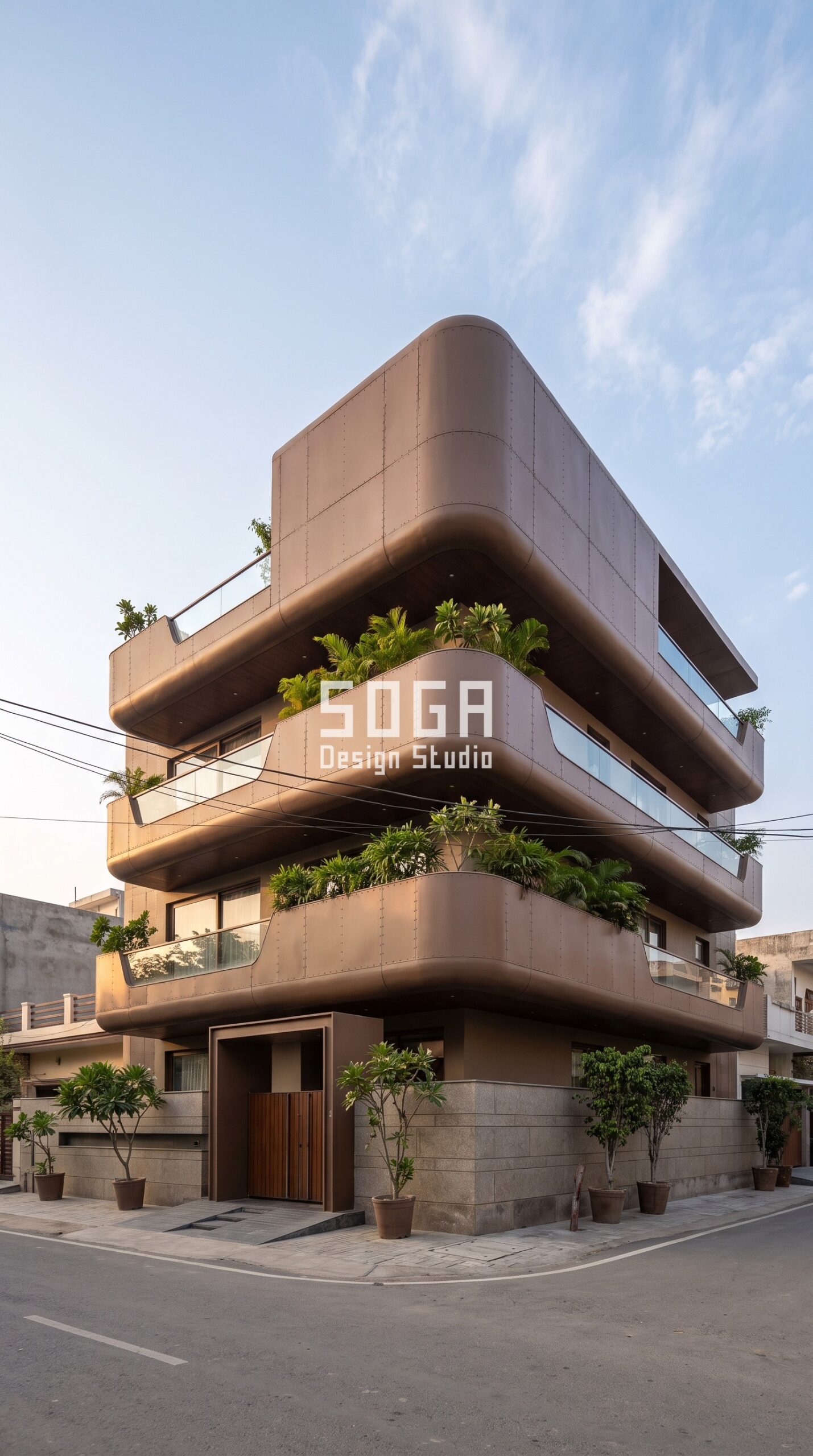 Do Curved Balconies Reduce Usable Area? India 2026 3 Parametric Stagger Shell ral 8014 sepia brown steel facade, Amritsar - SOGA Design Studio