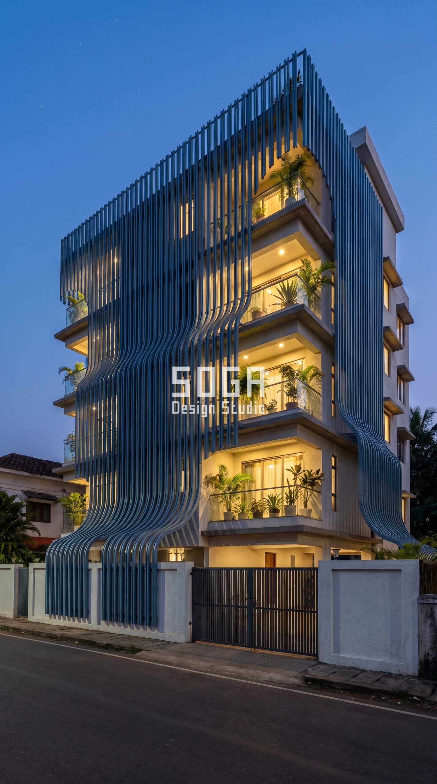 Do Curved Balconies Reduce Usable Area? India 2026 1 Parametric Cascade Weave ral 5011 steel blue facade, Panaji, Goa - SOGA Design Studio