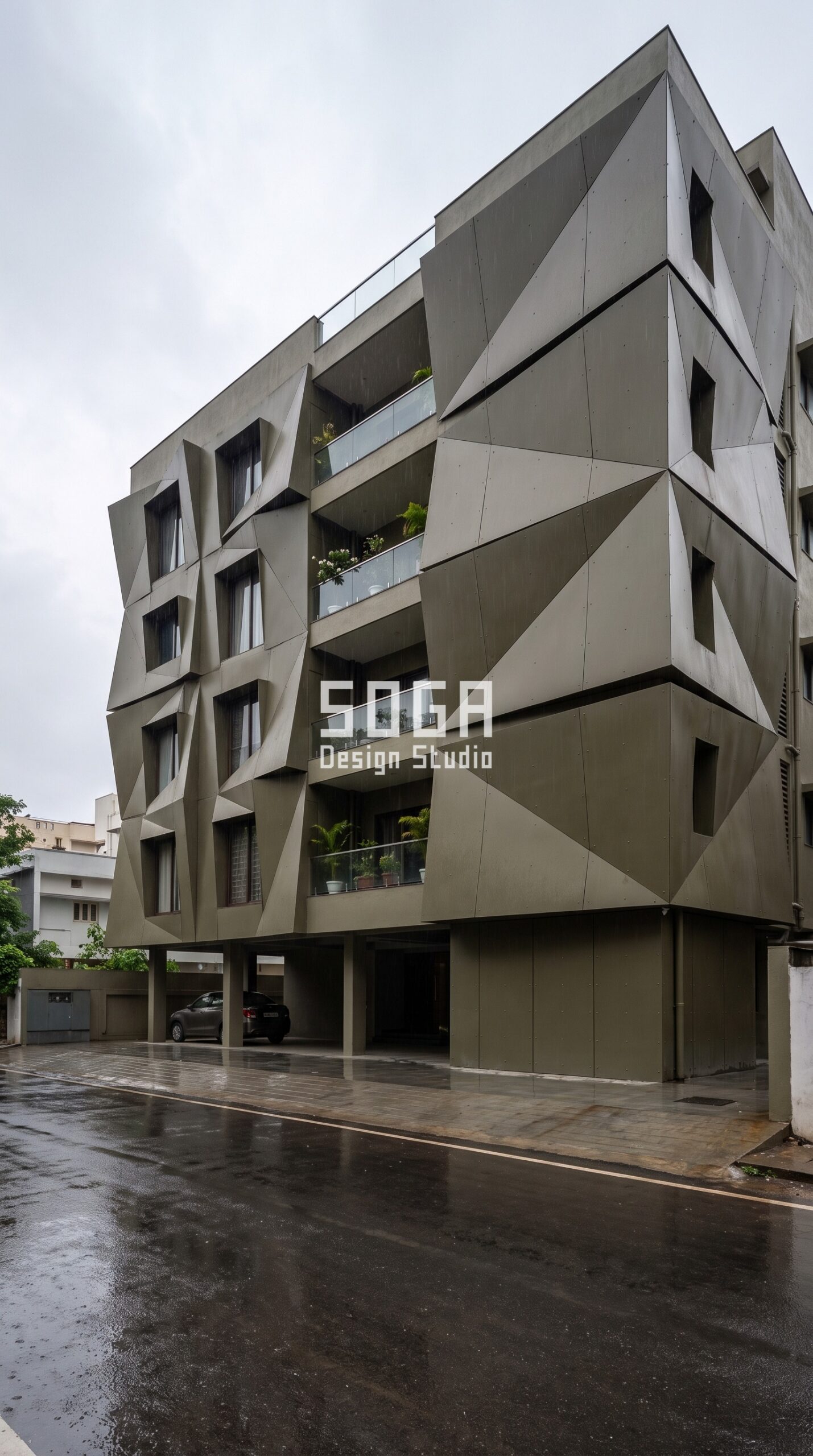Do Curved Balconies Reduce Usable Area? India 2026 2 Parametric Crease Grid ral 6008 brown green steel facade, Jubilee Hills, Hyderabad - SOGA Design Studio