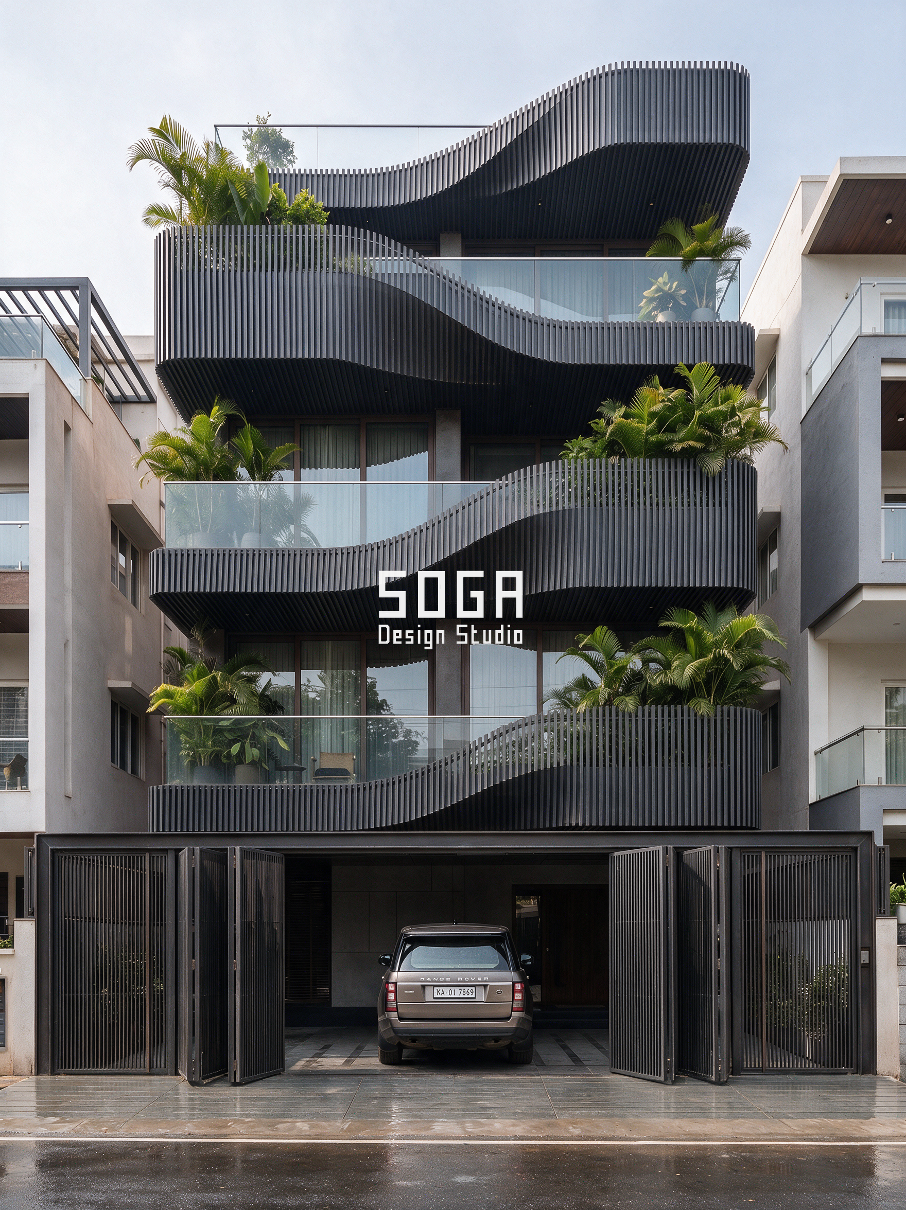 Balcony Facade Design India 2026: Ideas, Cost & Details 1 Curved dark louver balcony facade with planted terraces on a G+3 Indian home - SOGA Design Studio