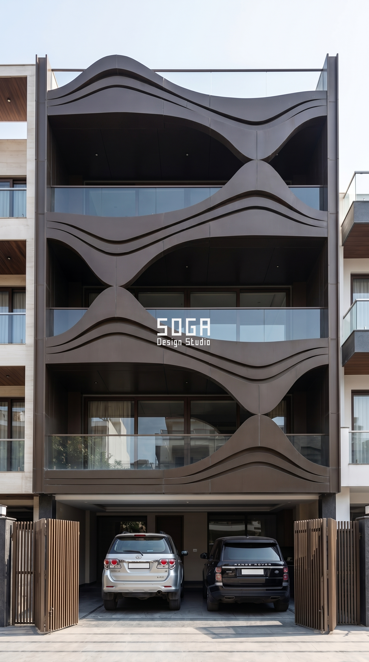 Metal Facade Design Ideas: 6 Built Indian Homes 2026 6 Dark sculpted wave relief 3D metal panel facade on a G+3 Indian home - SOGA Design Studio