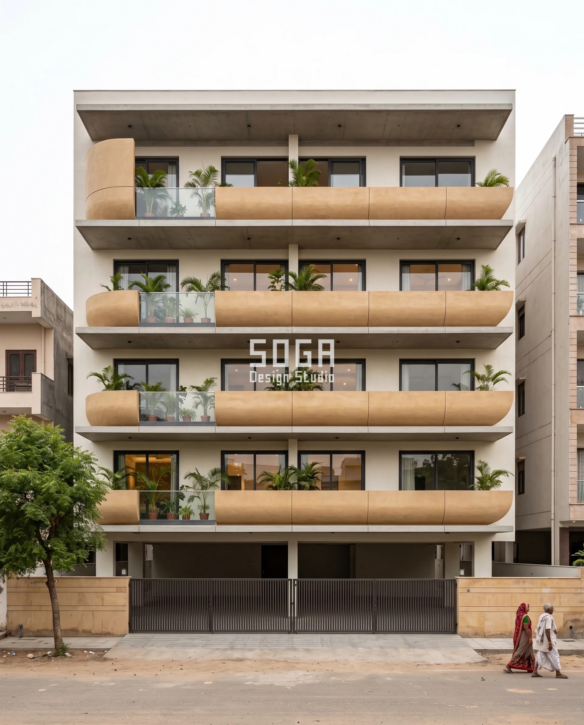 Developable vs Double Curvature Facade India: Fix the Sign 1 Full street elevation of a G+4 Jodhpur residence whose balcony bands are a run of horizontal sand-ochre ferrocement half-barrels, each length curved in one direction only and creased where its radius steps down - the developable, zero-Gaussian baseline that every double curvature facade in India is priced against.