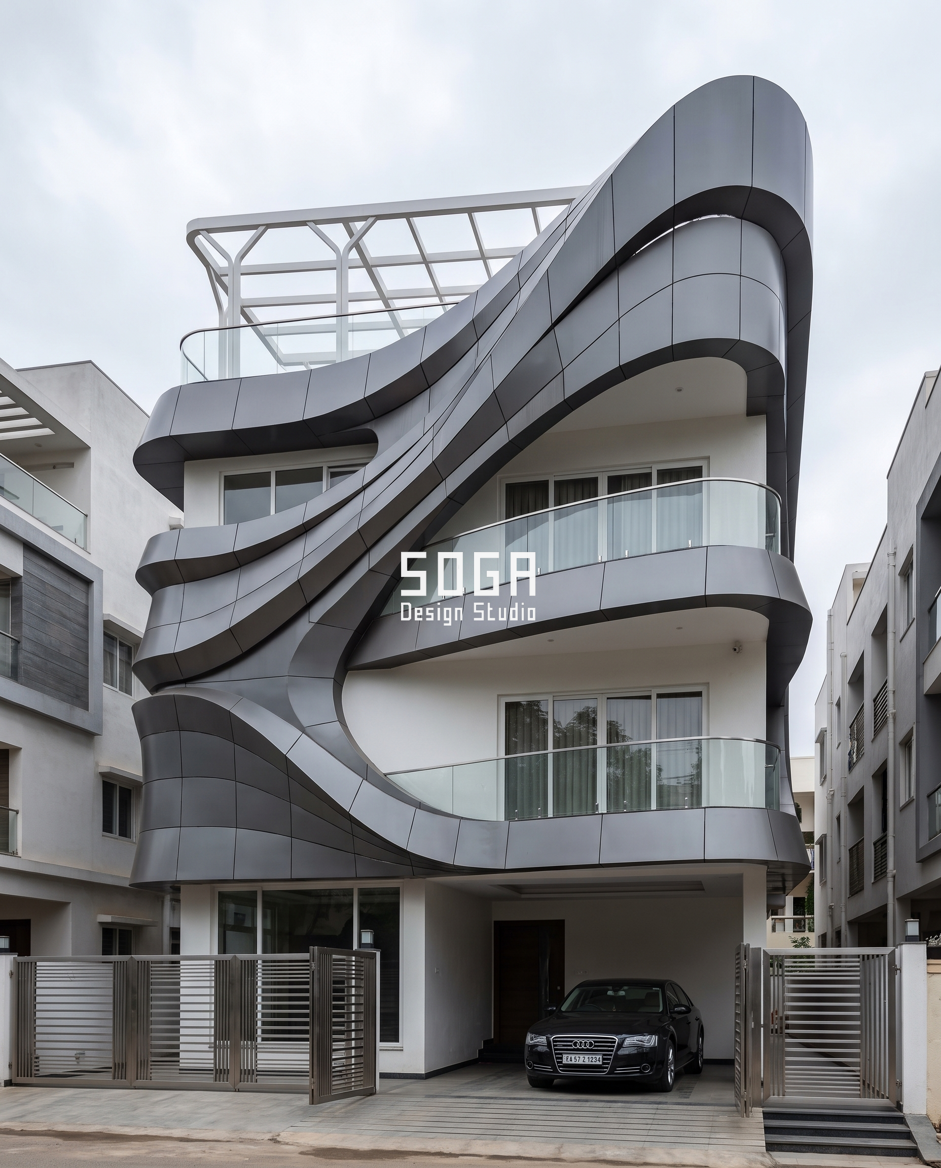 Metal Facade Design Ideas: 6 Built Indian Homes 2026 4 Double-curved flowing metal ribbon facade on a contemporary Indian villa - SOGA Design Studio