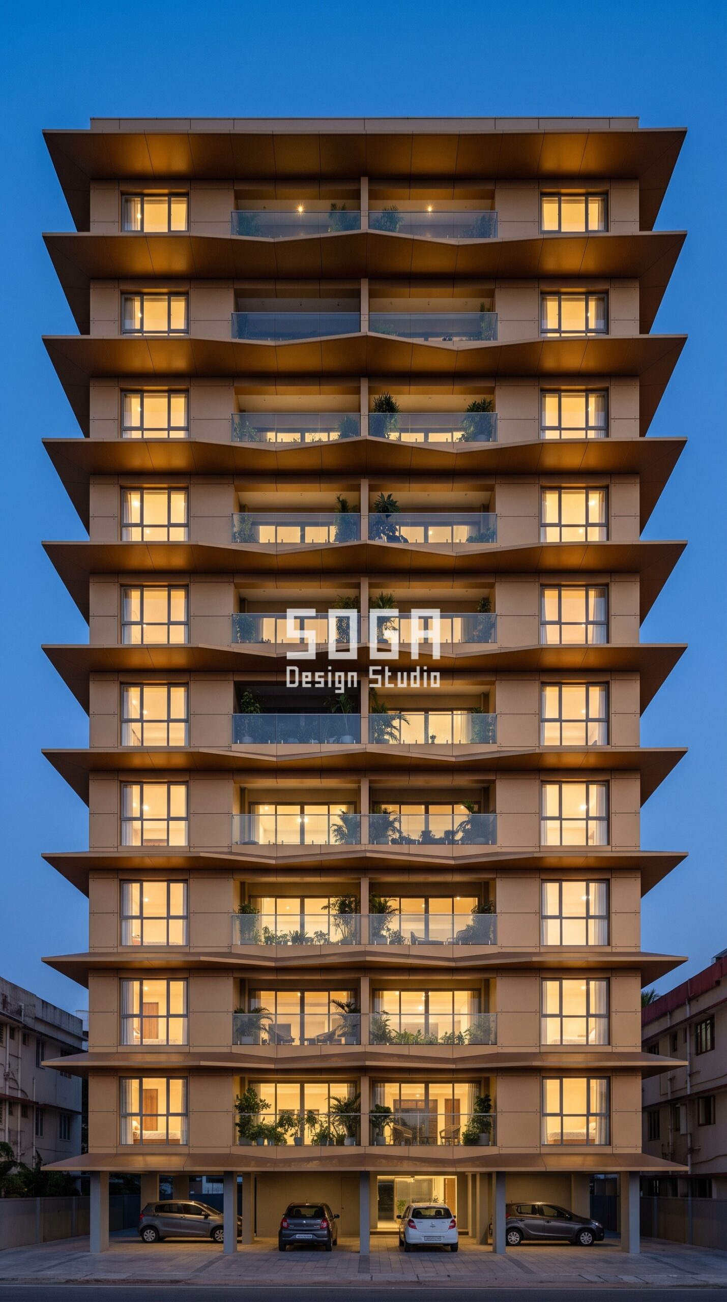 Clothes drying balcony screen in India - Parametric Sawtooth Shelf facade, Kochi - SOGA Design Studio