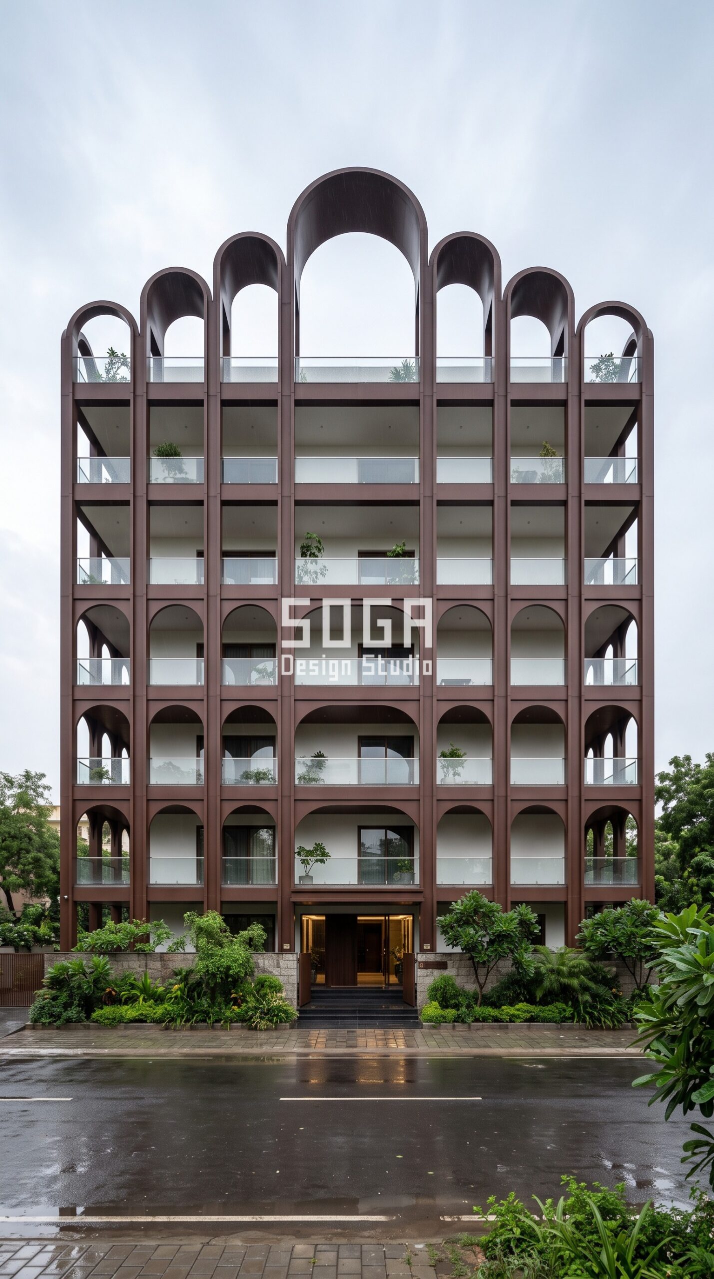 Parametric Crown Arcade ral 8016 mahogany brown steel facade, Malviya Nagar, Jaipur - SOGA Design Studio