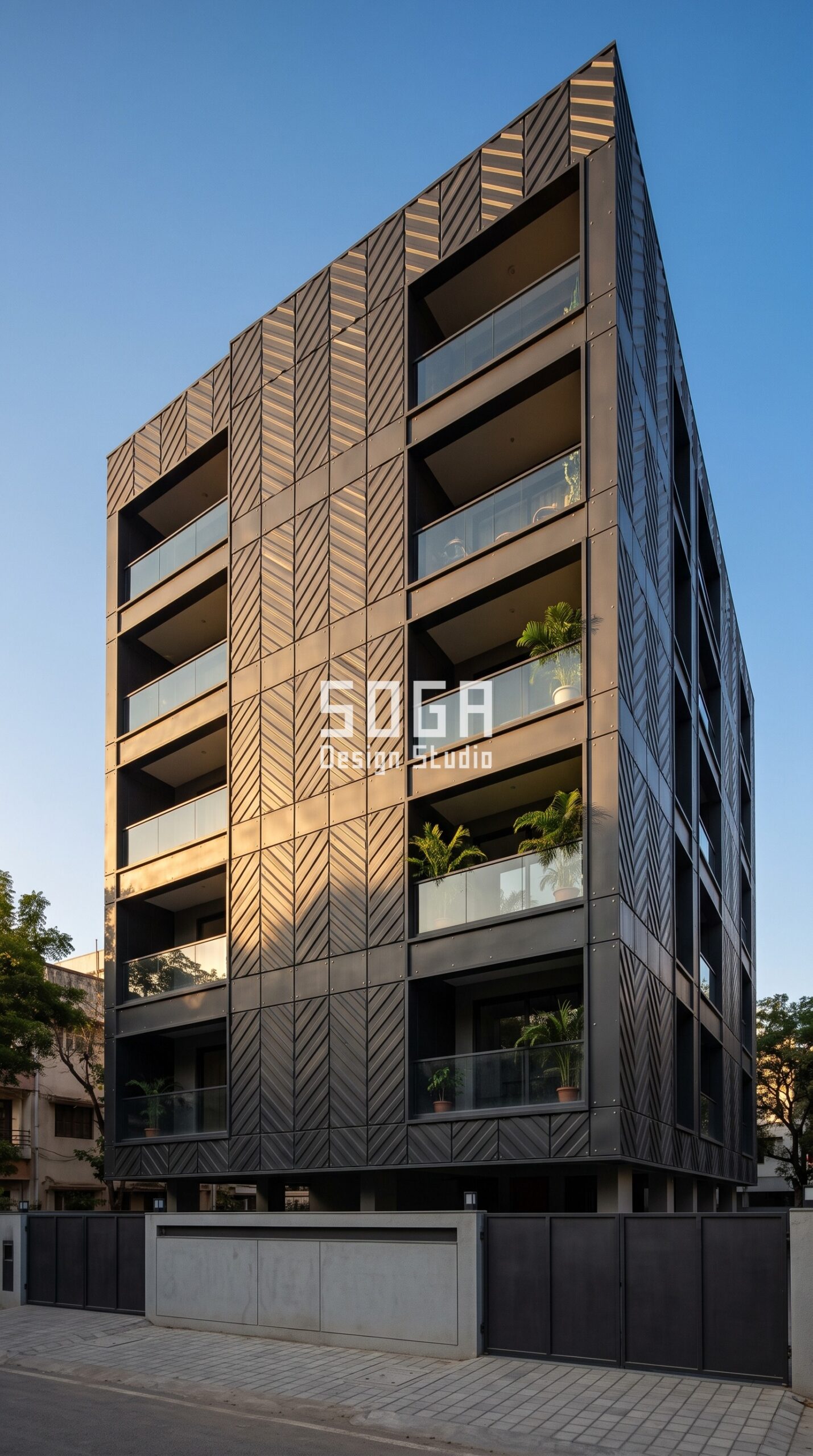 Parametric Herringbone Relief ral 7021 black grey steel facade, Navrangpura, Ahmedabad - SOGA Design Studio