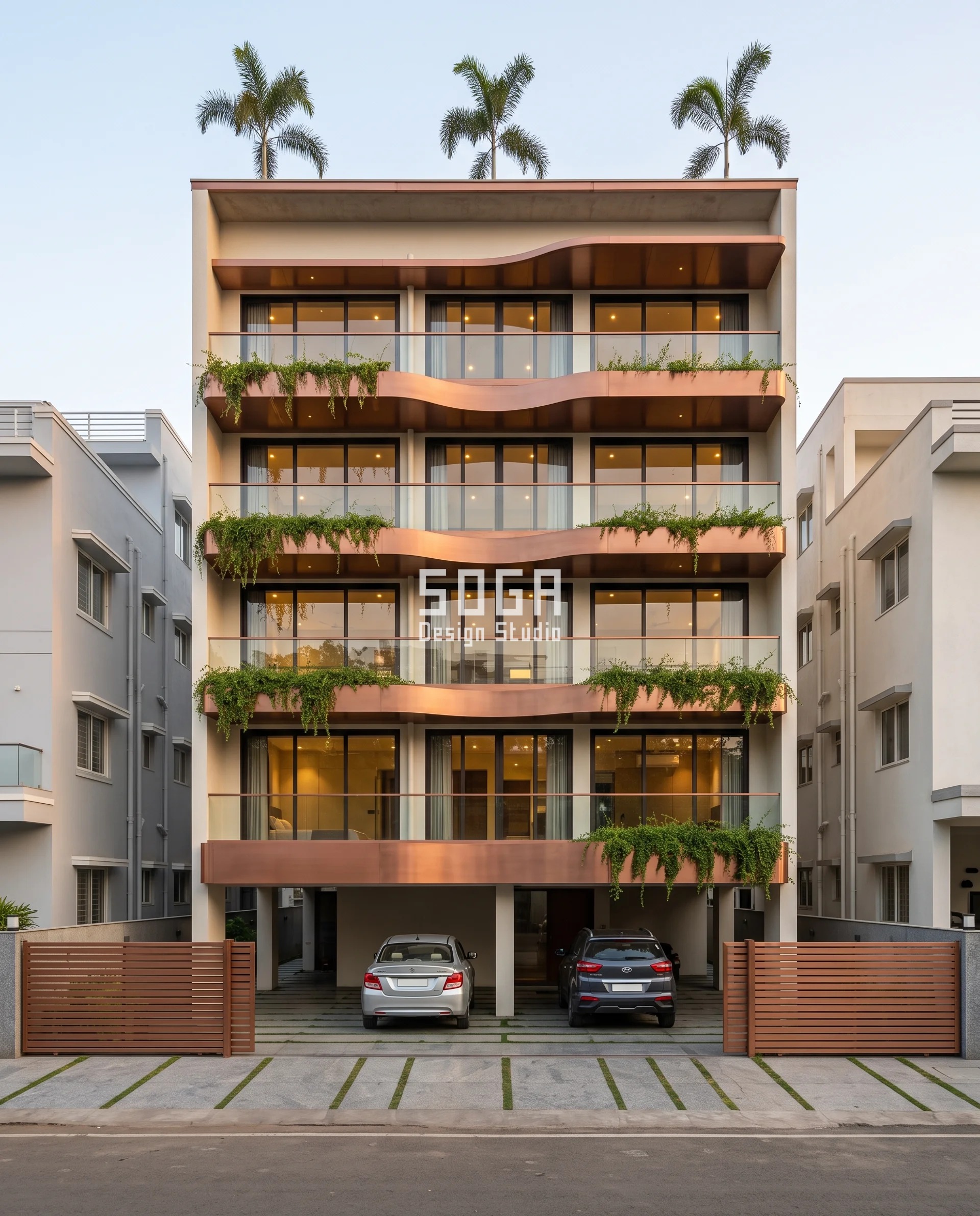 Dust Proof Facade Design India: Fall Angle, Not Coating 9 Parametric Cascade Band residence in Nagpur, its satin copper balcony shelves following a sine curve and deepening from 380 mm at the top floor to 900 mm above the stilt, a dust proof facade design whose drip line drops road dust and splash clear of the plaster below.