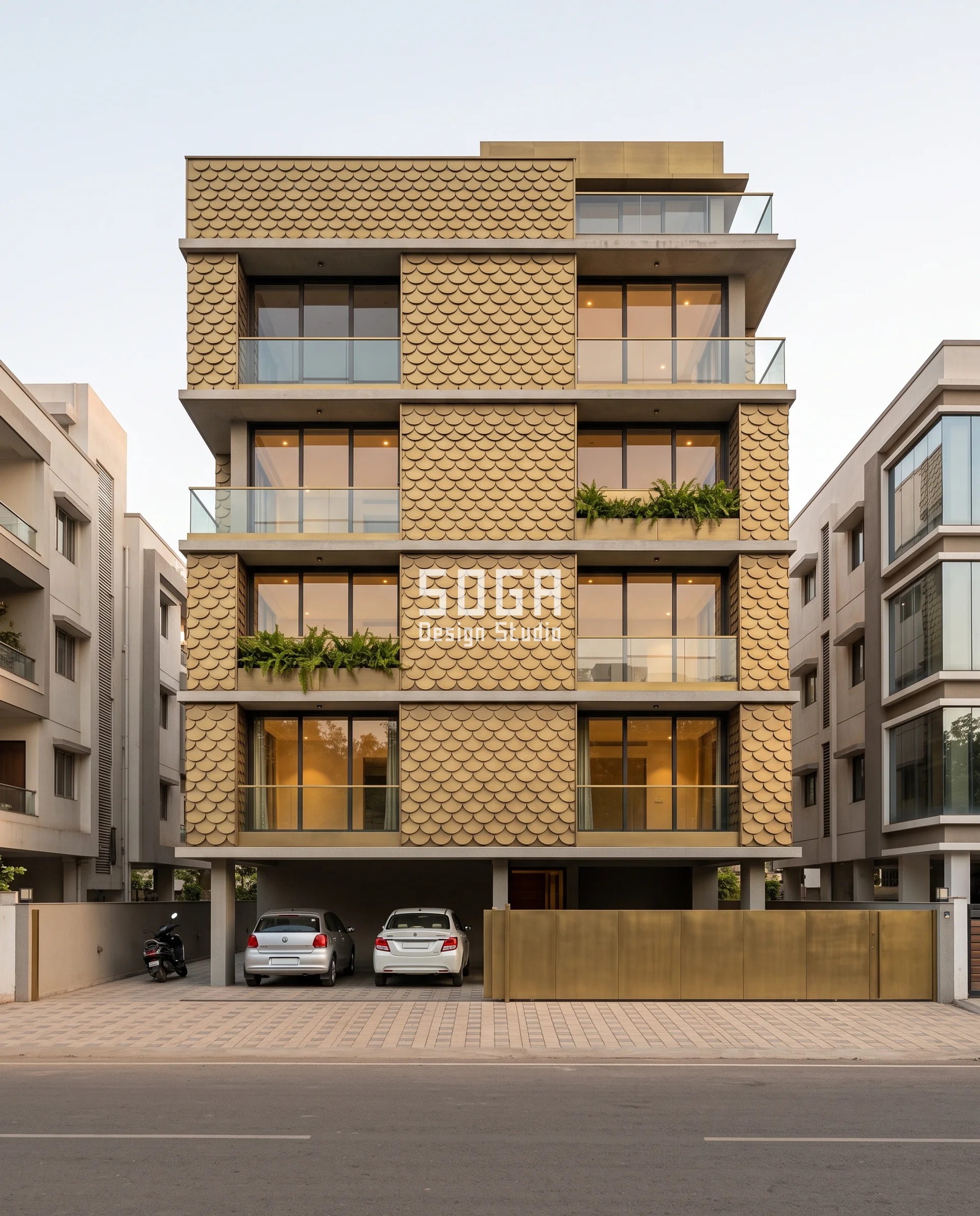 Dust Proof Facade Design India: Fall Angle, Not Coating 3 Brushed antique-brass fish-scale rainscreen wrapping a Rajkot residence in dead-level courses, each scale nose standing 12 to 42 mm prouder toward the ground so water drops clear instead of tracking back and staining the joint - dust proof facade design at module scale.