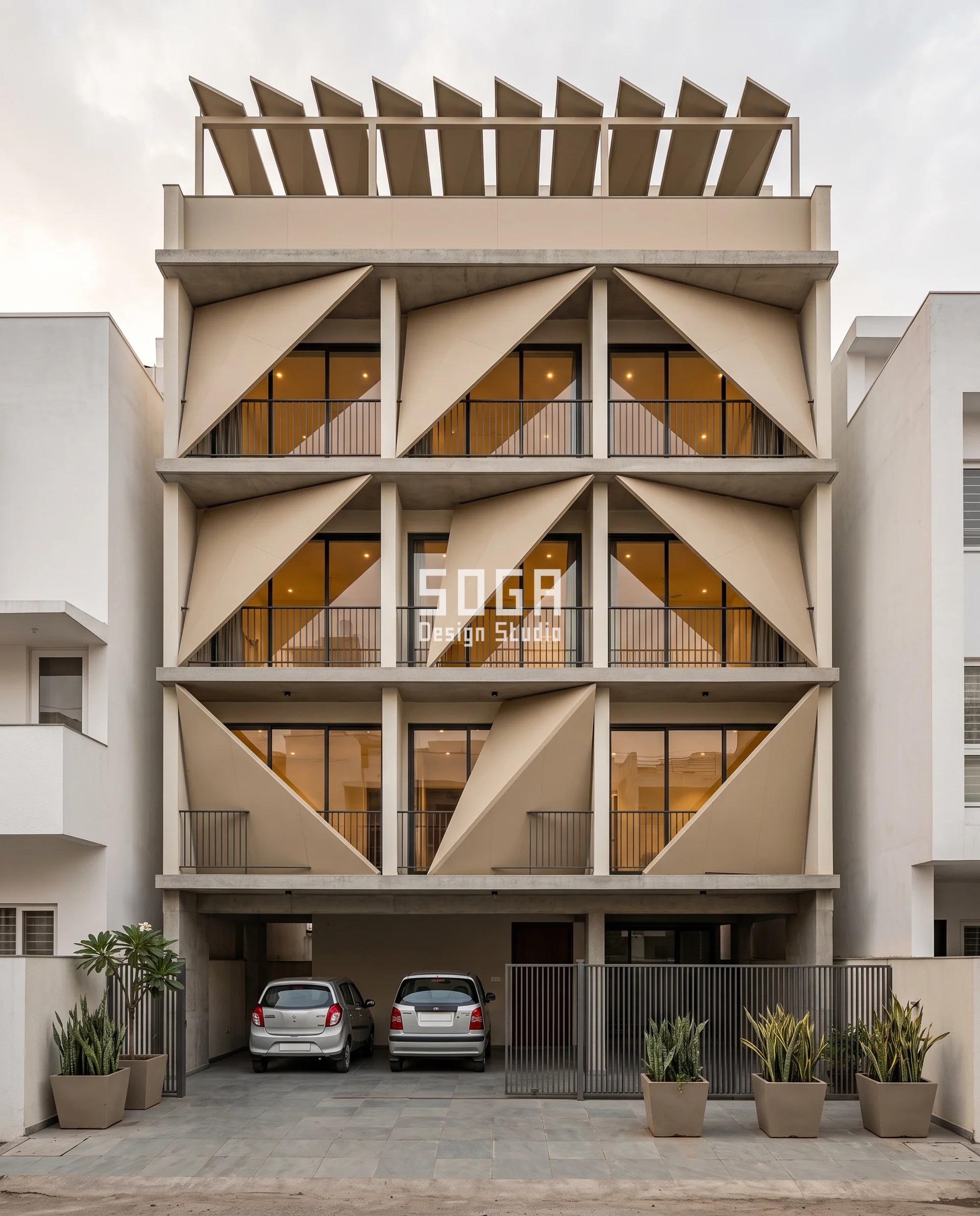Dust Proof Facade Design India: Fall Angle, Not Coating 2 Folded oatmeal aluminium plate wings cantilevering 1400 mm off every slab of a Bhopal house, the fold angle steepening 20 to 45 degrees floor by floor so a dust proof facade design leaves no flat top for dry-season dust to settle on.