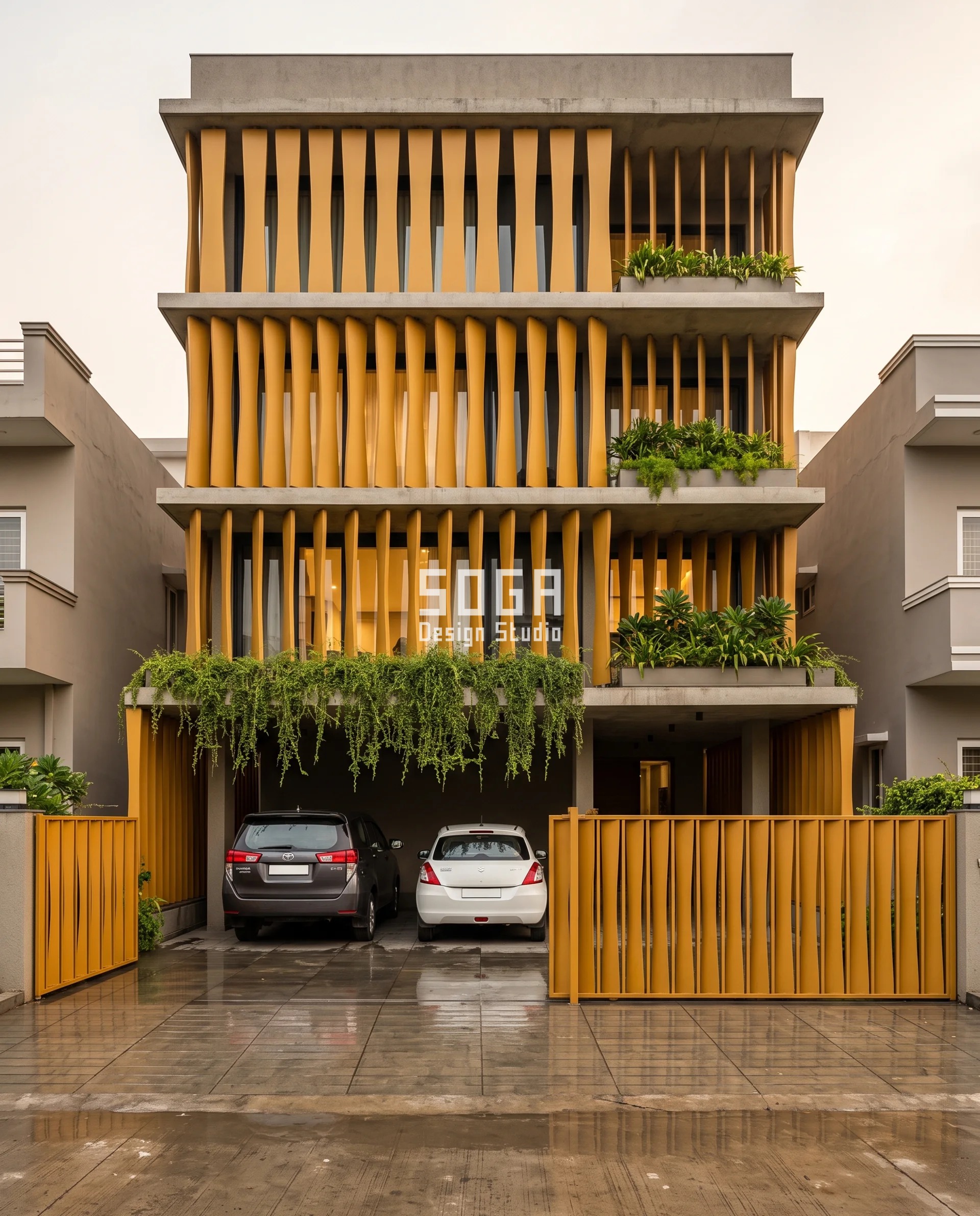 Dust Proof Facade Design India: Fall Angle, Not Coating 4 Mustard-ochre shaped blades on a Ludhiana elevation photographed over a rain-wet forecourt, blade centres held at 260 mm while the plan rotation turns 0 to 22 degrees, a dust proof facade design that presents its narrow 40 mm edge to the road-dust plume.