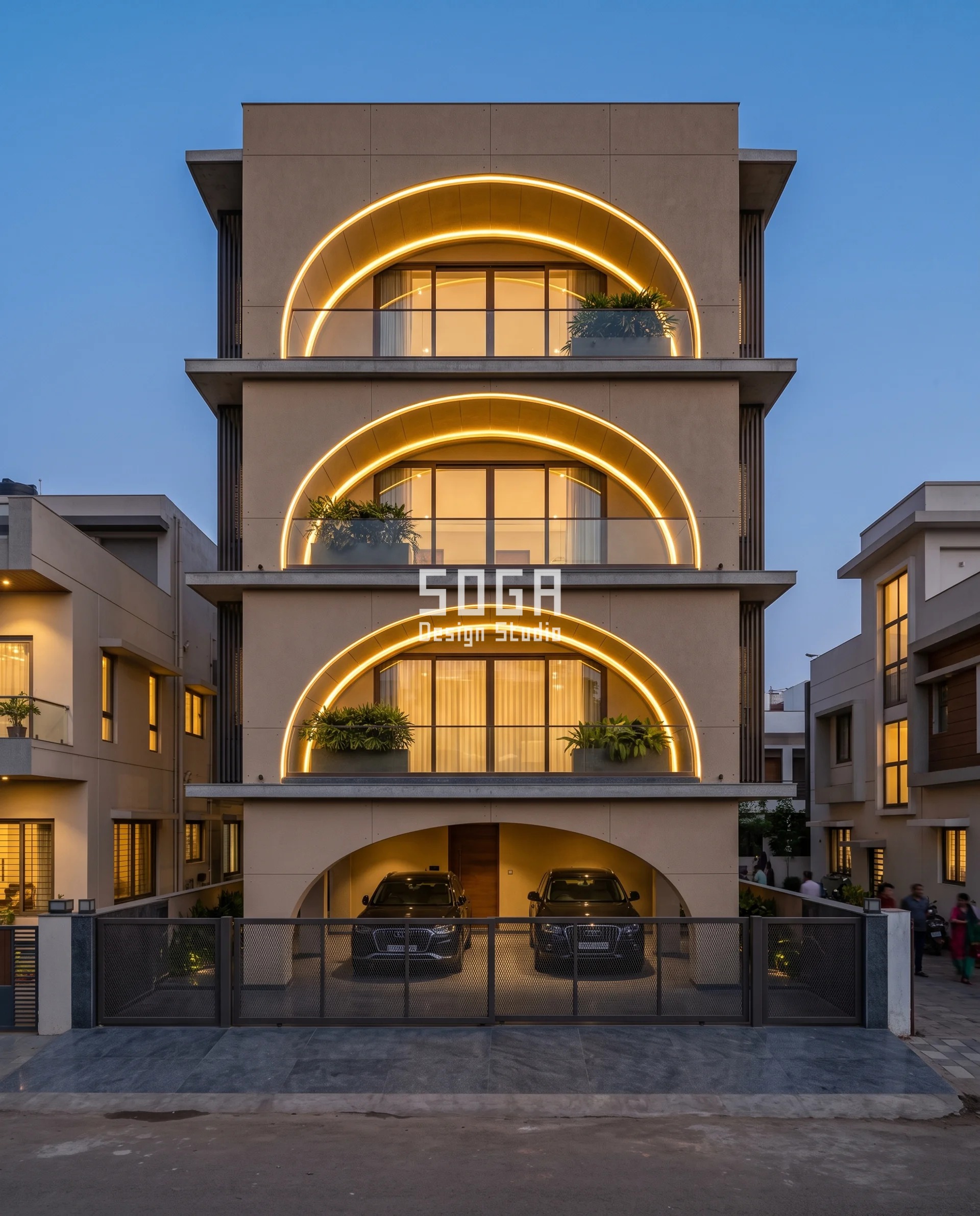 Dust Proof Facade Design India: Fall Angle, Not Coating 5 Three lit arches cut into a solid sand GRC field on a Raipur house at dusk, each a 420 mm deep lined reveal with a concealed warm cove and a fall steepening 1:100 to 1:25 down the building, dust proof facade design that washes grit off every horizontal it owns.