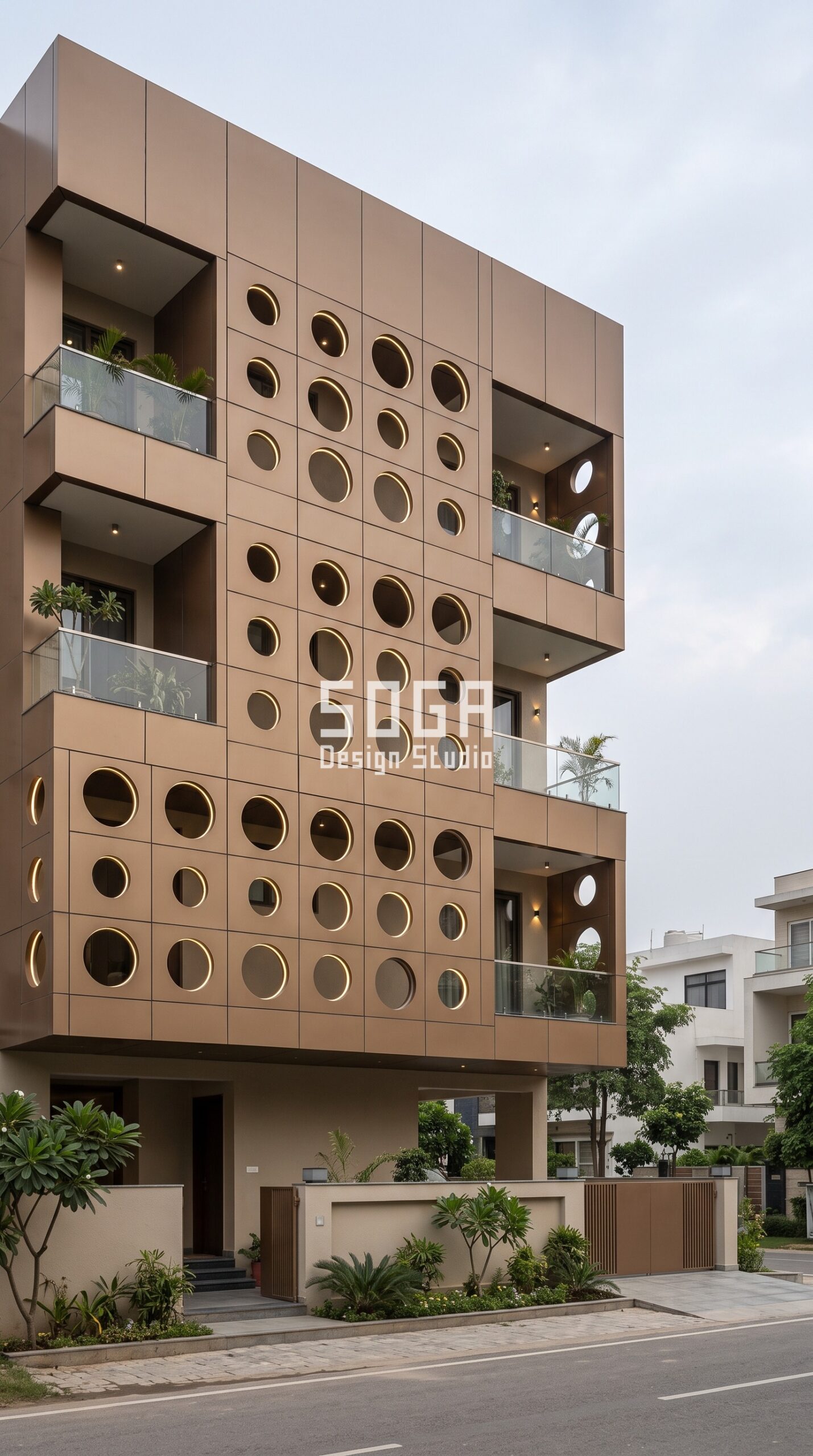 Parametric Lens Screen brushed bronze acp facade, Golf Course Road, Gurugram - SOGA Design Studio