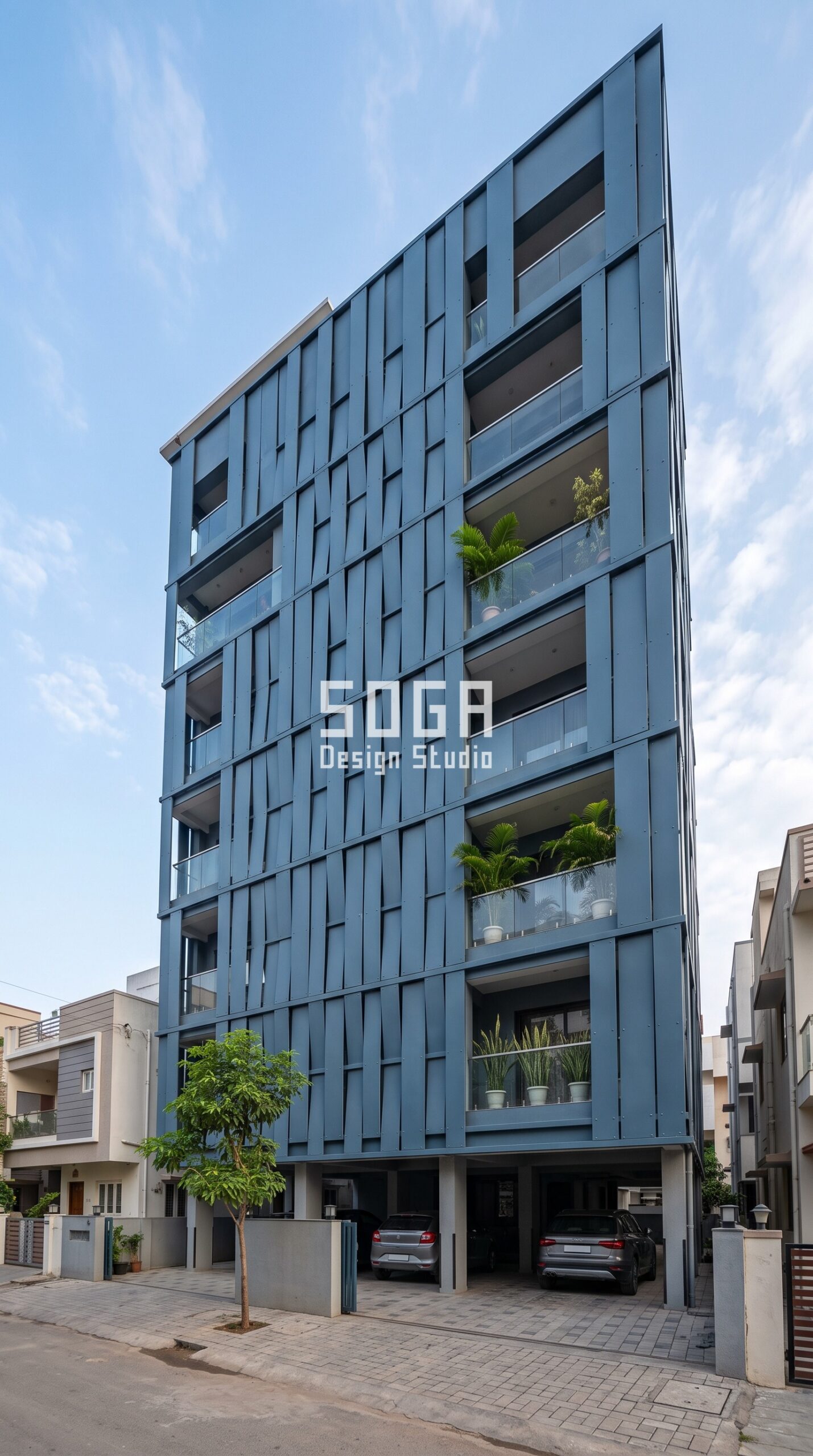 slate ocean blue Parametric Braid Weave elevation on a residential building in Hyderabad, India — how facade colour holds up in Indian sun, SOGA Design Studio