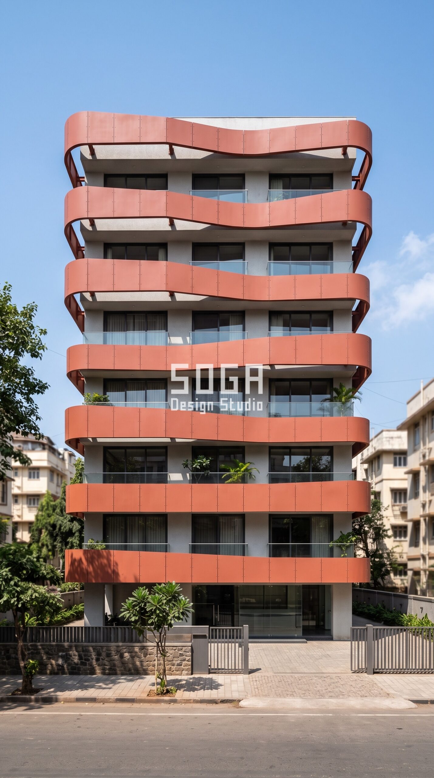 Parametric Awning Shell terracotta red steel facade, Malabar Hill, Mumbai - SOGA Design Studio