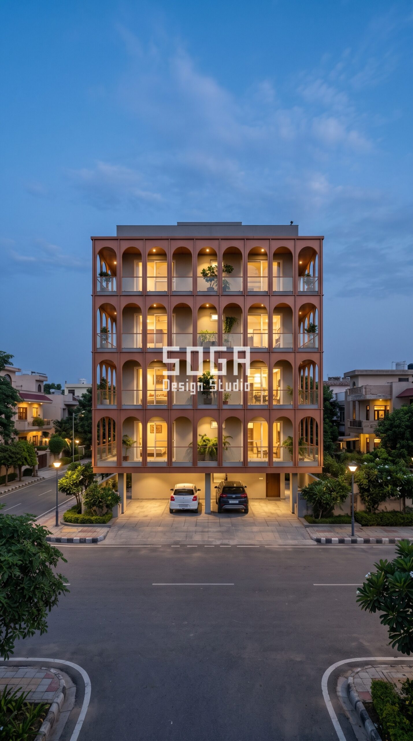 Facade Design in Gurugram & India 2026: Timeline & Cost 1 Parametric Vault Shell terracotta-toned metal composite facade, Gurugram - SOGA Design Studio
