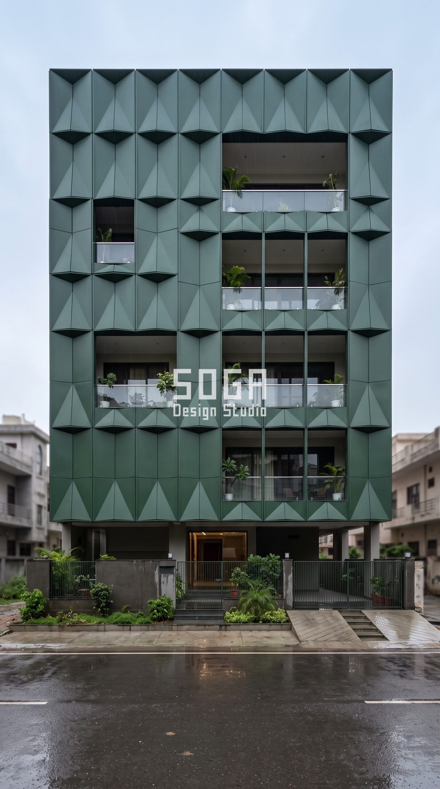 Facade Design in Gurugram & India 2026: Timeline & Cost 2 Parametric Ridge Grid ral 6009 fir green steel facade, BRS Nagar, Ludhiana - SOGA Design Studio