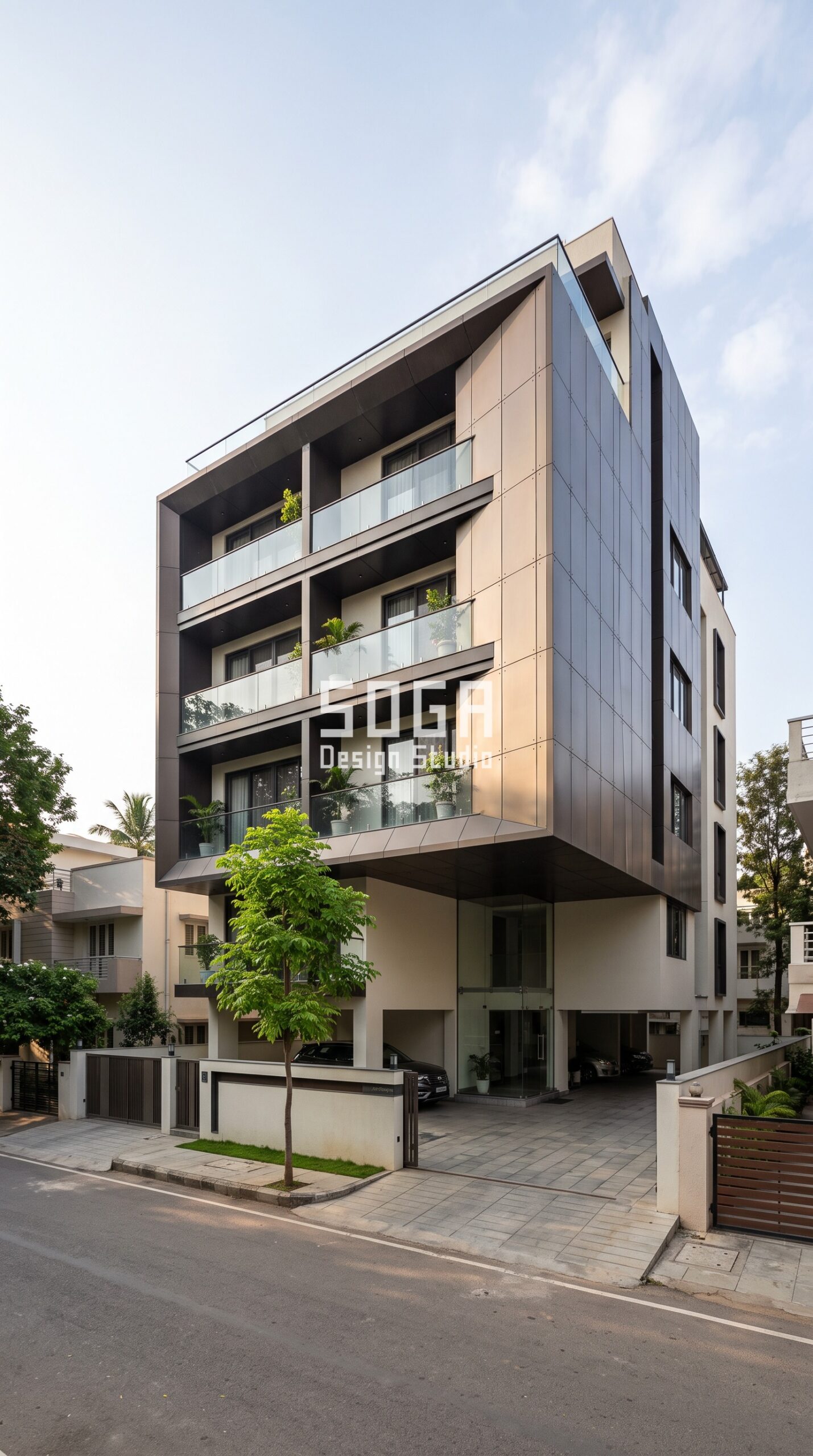 Facade Design in Gurugram & India 2026: Timeline & Cost 3 Parametric Cantilever Pulse iridescent bronze facade, Jayanagar, Bangalore - SOGA Design Studio