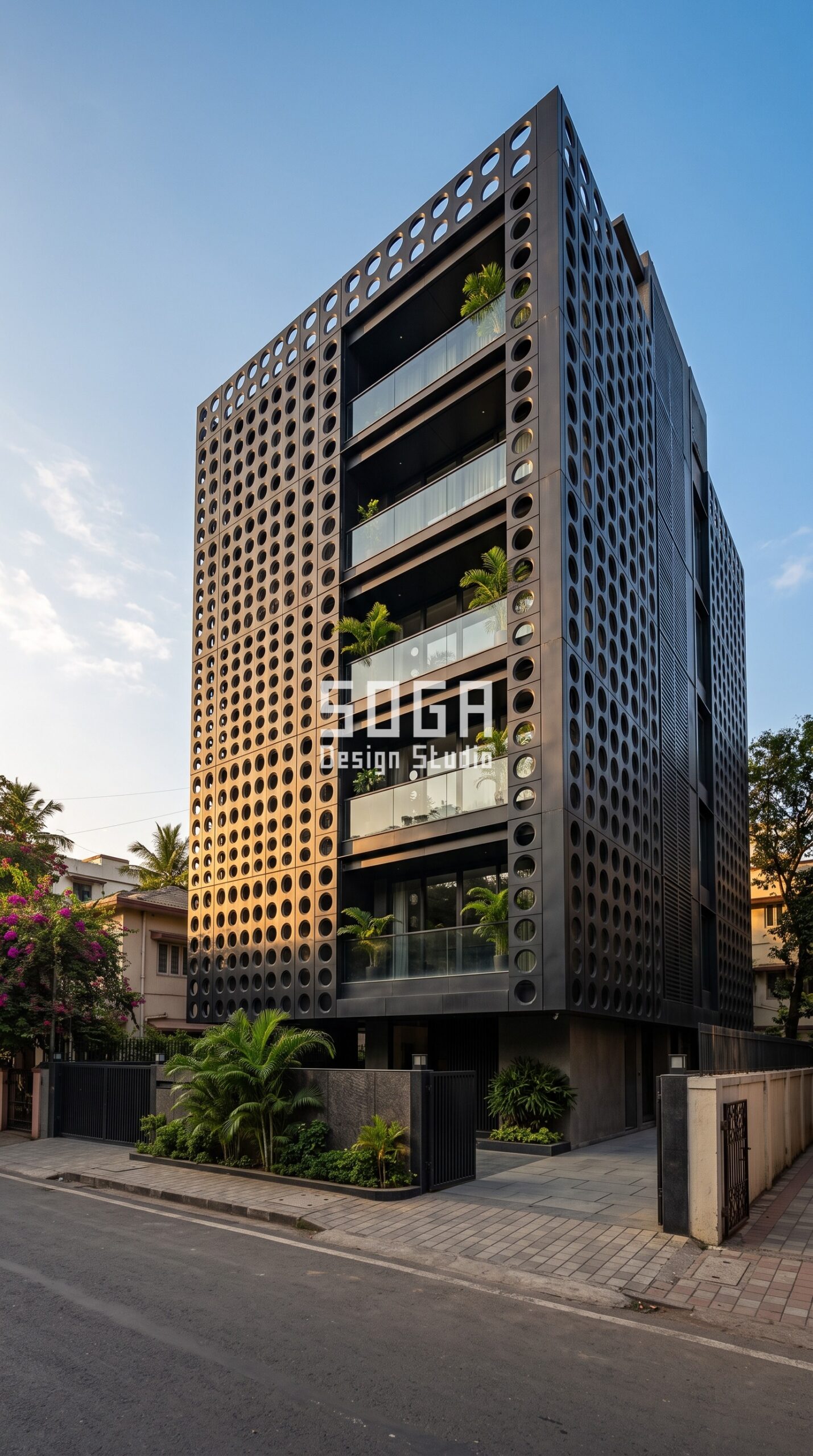 Facade Design in Gurugram & India 2026: Timeline & Cost 4 Parametric Halo Screen charcoal black steel facade, Juhu, Mumbai - SOGA Design Studio