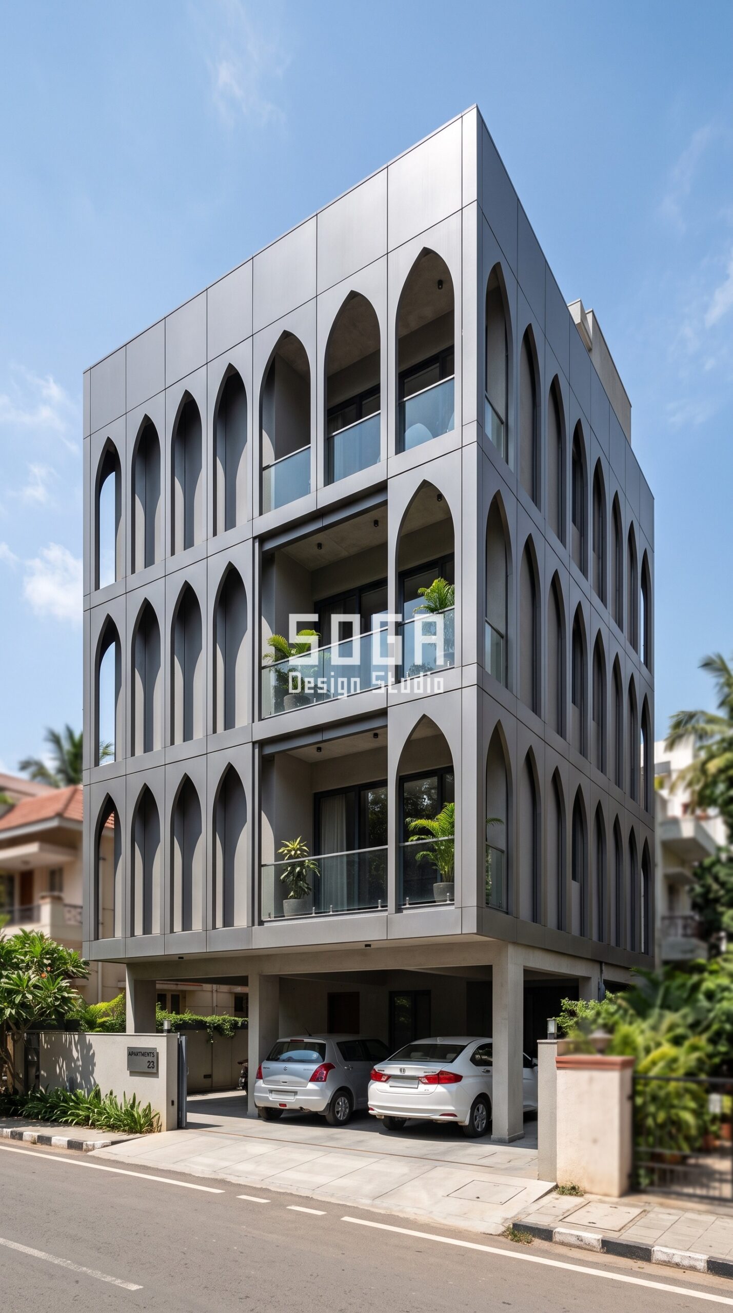 Facade Design in Bangalore & India 2026: Fast-Track Guide 3 Parametric Lancet Screen matte titanium grey anodized metal panels facade Bangalore - SOGA Design Studio