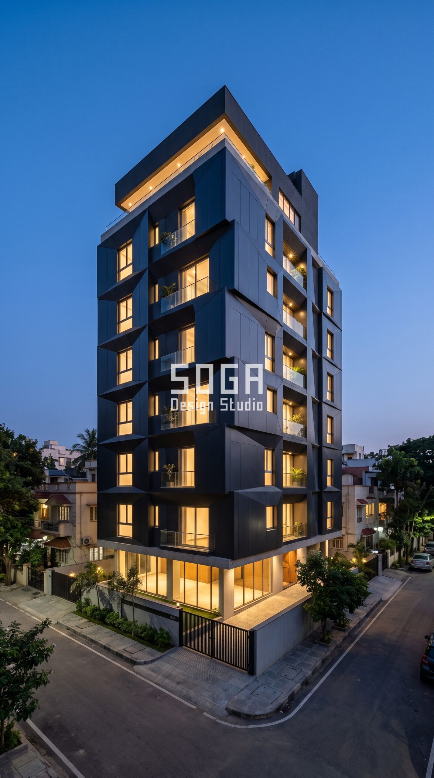 Facade Design in Bangalore & India 2026: Fast-Track Guide 3 Parametric Prism Stack charcoal black steel facade, Indiranagar, Bangalore - SOGA Design Studio