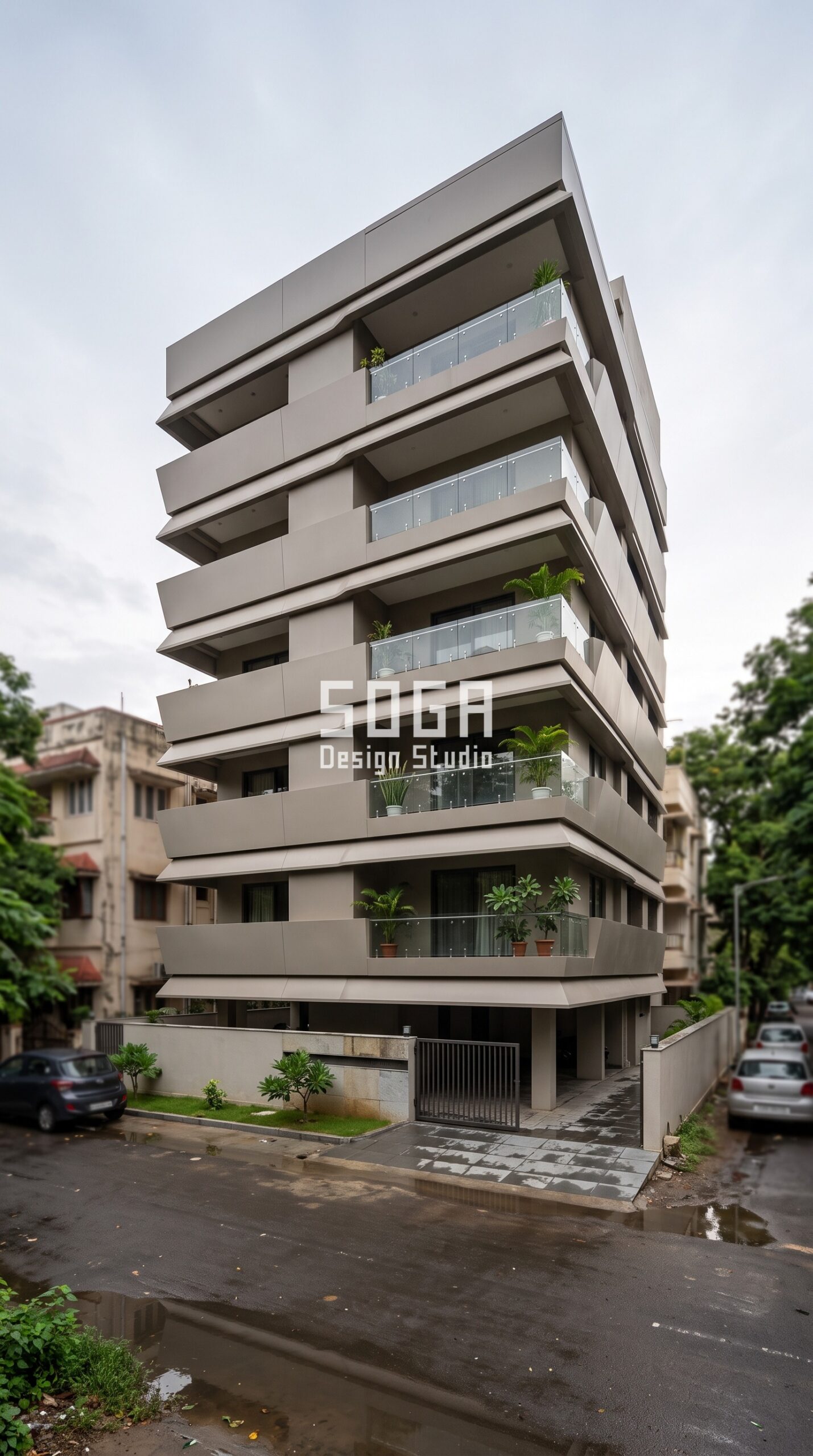 Facade Design in Bangalore & India 2026: Fast-Track Guide 4 Parametric Ledge Band ral 1019 grey beige steel facade, Boat Club Road, Chennai - SOGA Design Studio