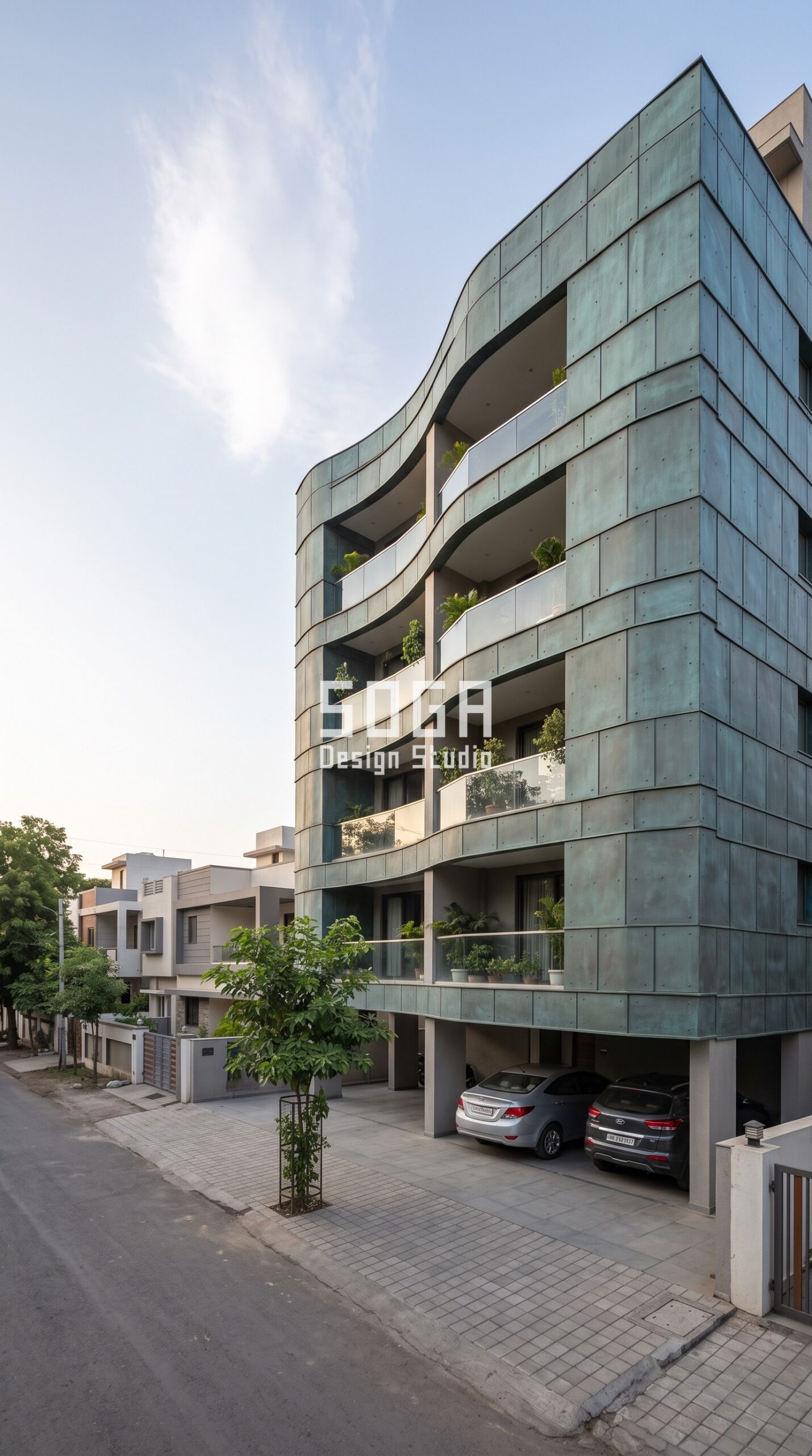 Facade Design in Nagpur & India 2026: 4 Metal Facade Ideas 1 Parametric Meander Shell matte oxidized patinated copper with verdigris highlights facade Nagpur - SOGA Design Studio
