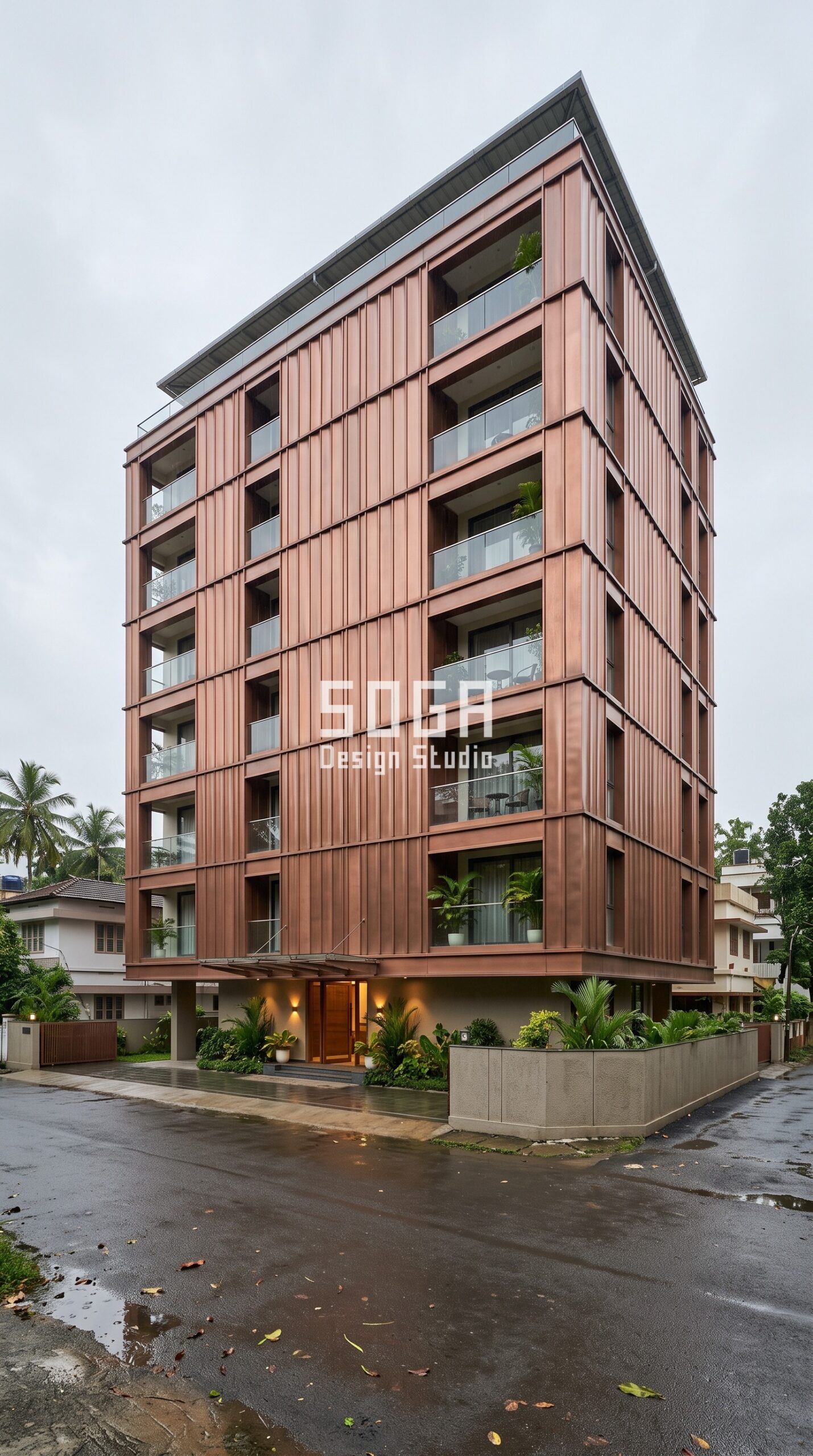 Facade Design in Nagpur & India 2026: 4 Metal Facade Ideas 2 Parametric Flute Grid hand-hammered antique copper facade, Kakkanad, Kochi - SOGA Design Studio