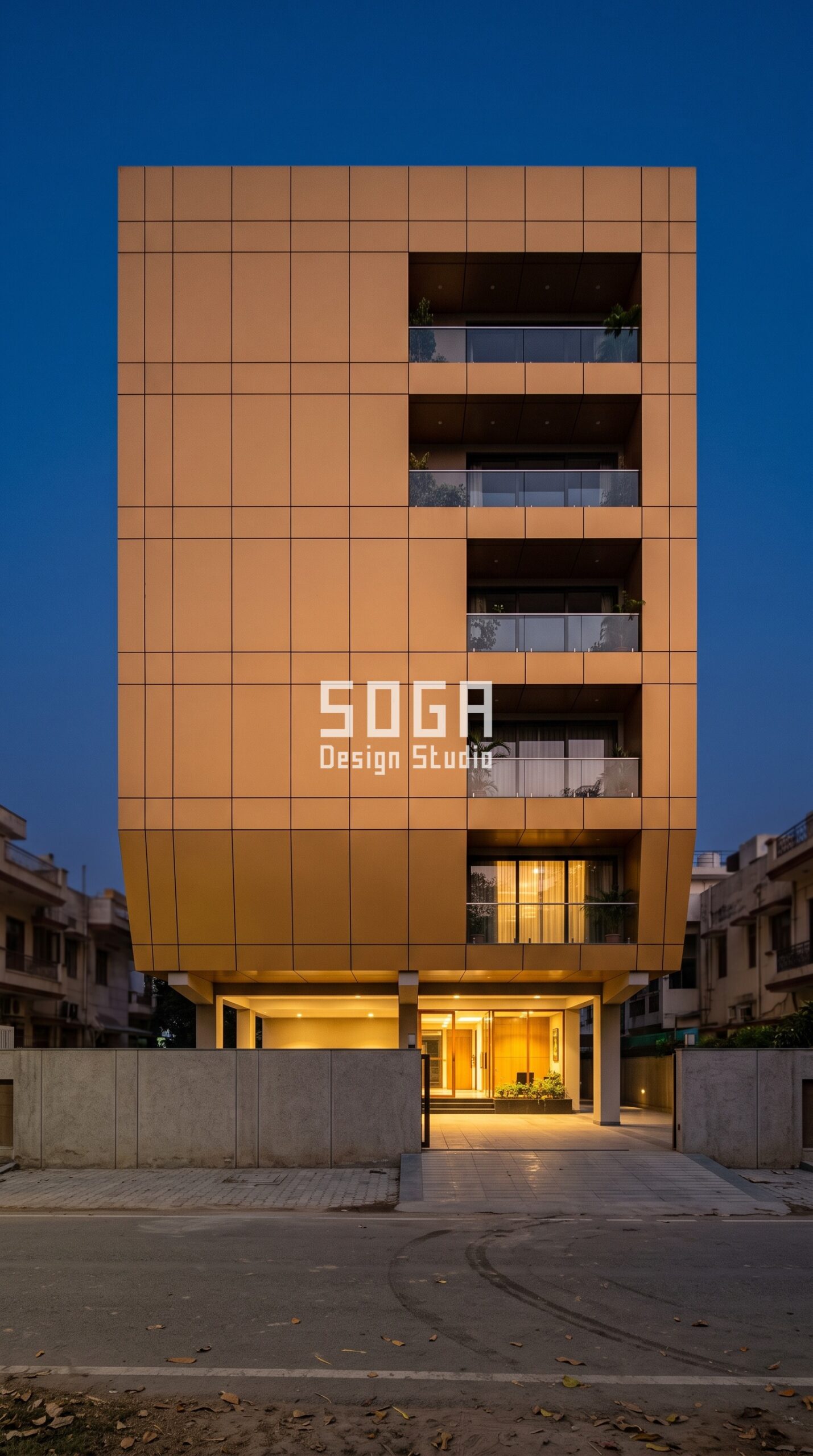 Facade Design in Nagpur & India 2026: 4 Metal Facade Ideas 3 Parametric Bracket Pulse amber gold facade, Vasant Vihar, New Delhi - SOGA Design Studio